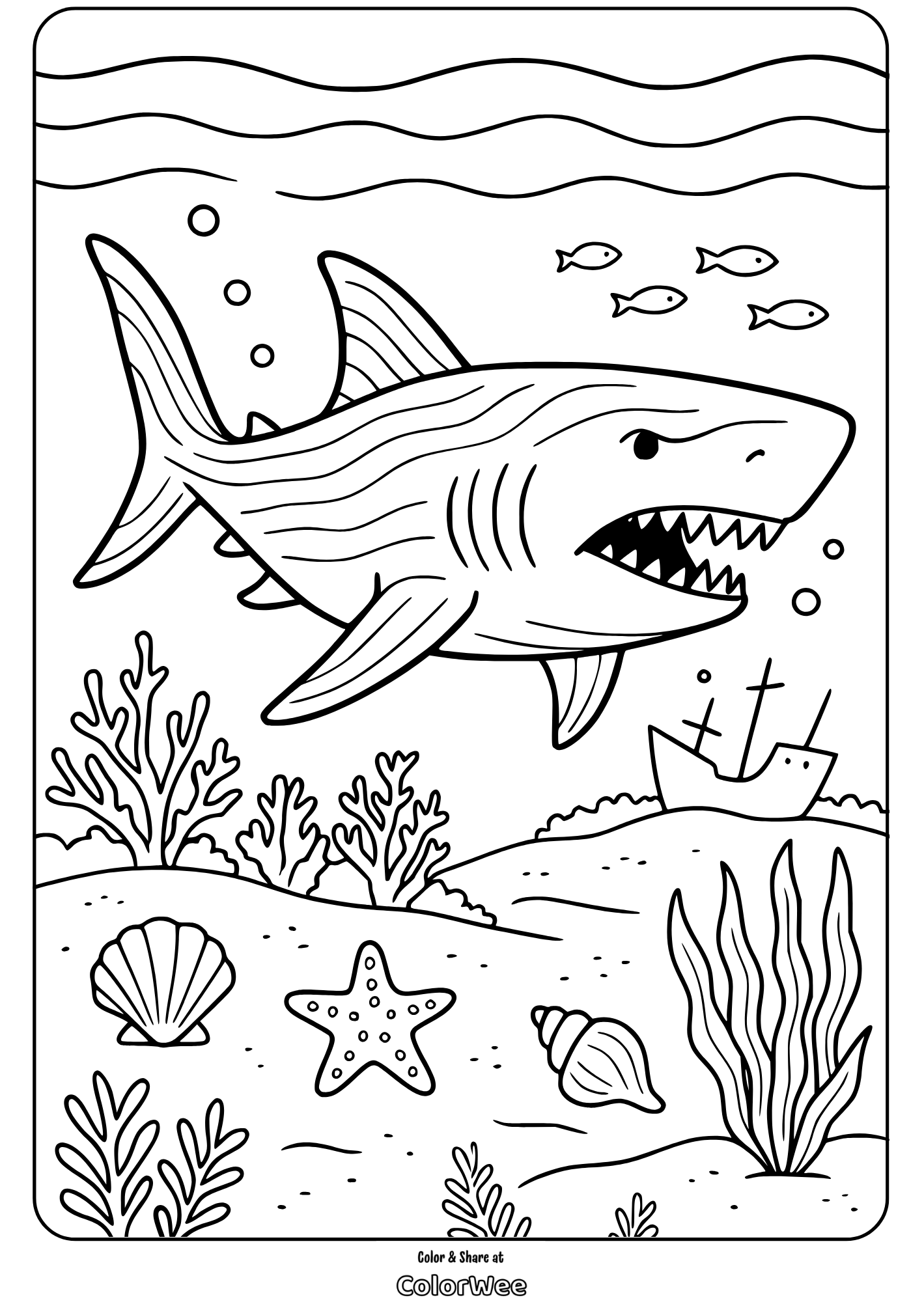 Shark underwater coloring page with sea creatures and a shipwreck.