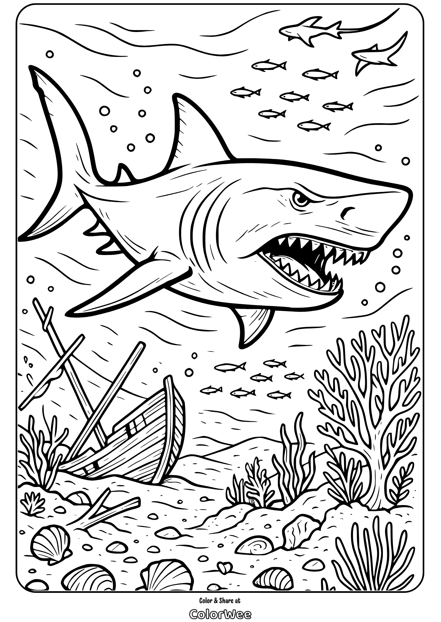 Coloring page of shark swimming near shipwreck and coral reef.