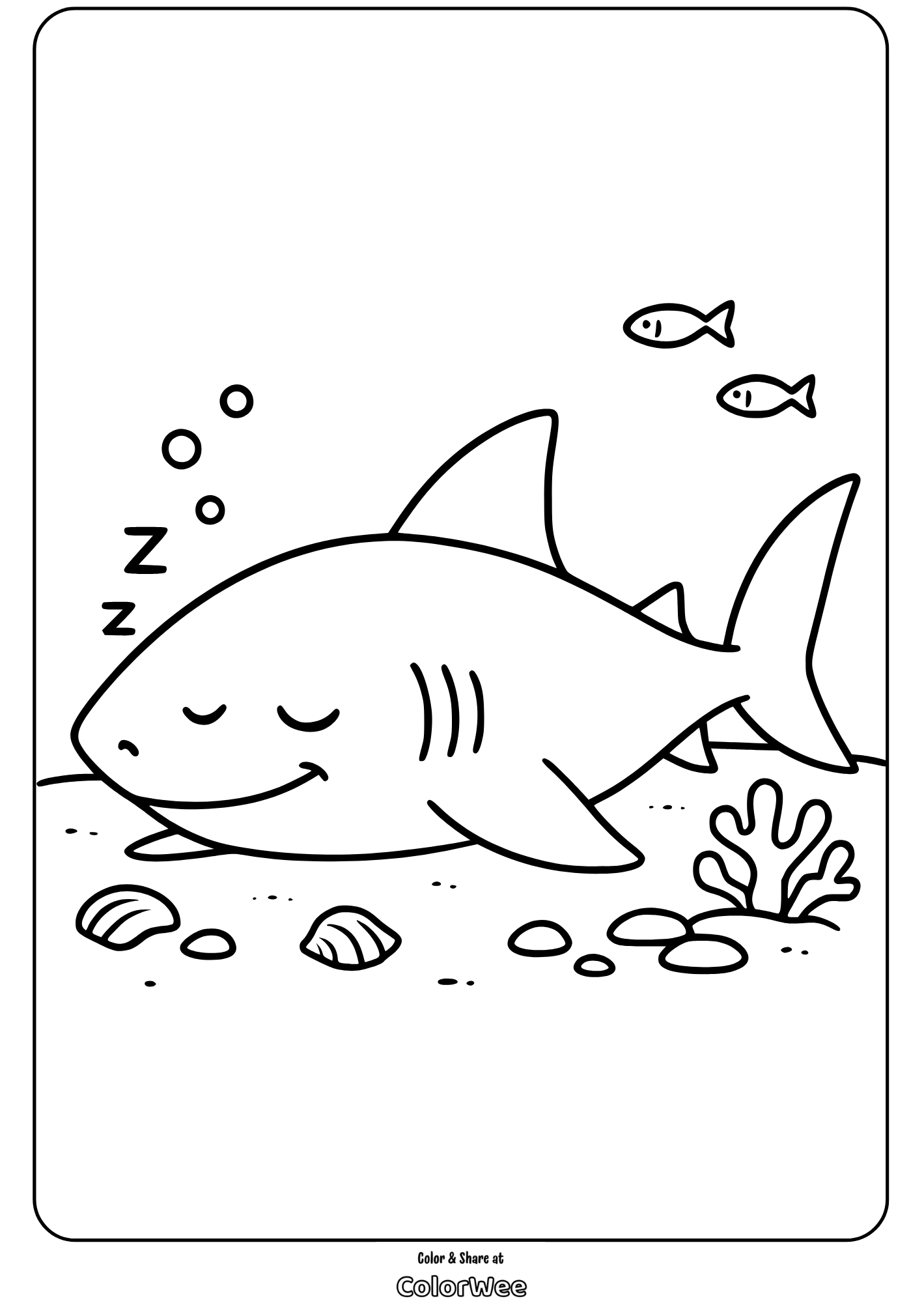 Sleeping shark coloring page with fish and coral background.