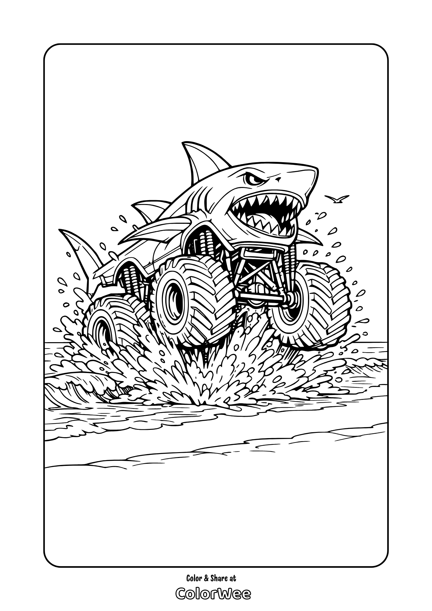 Megalodon shark monster truck splashing on beach coloring page for kids