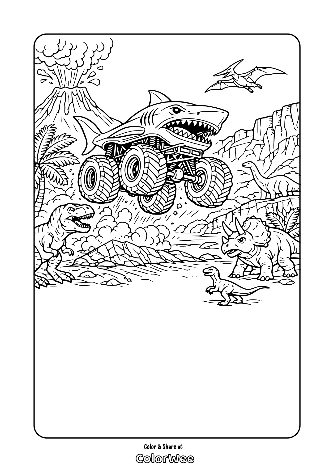 Megalodon shark monster truck with dinosaurs and volcano coloring page