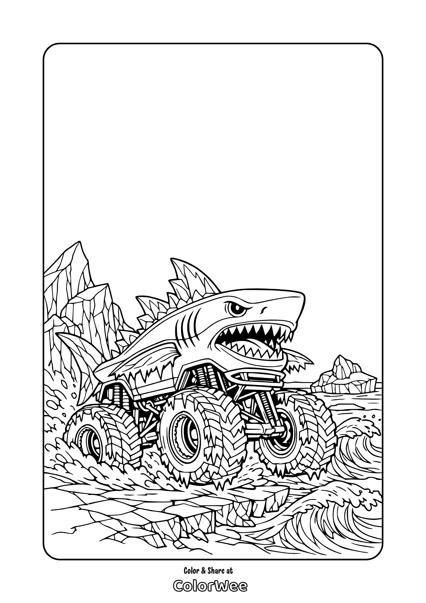 Megalodon shark monster truck splashing through waves coloring page