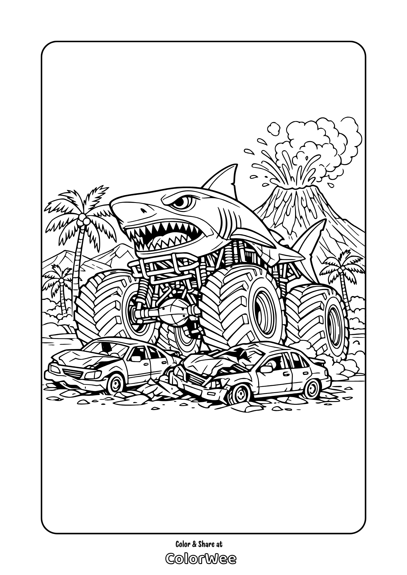 Shark monster truck crushing cars with erupting volcano coloring page