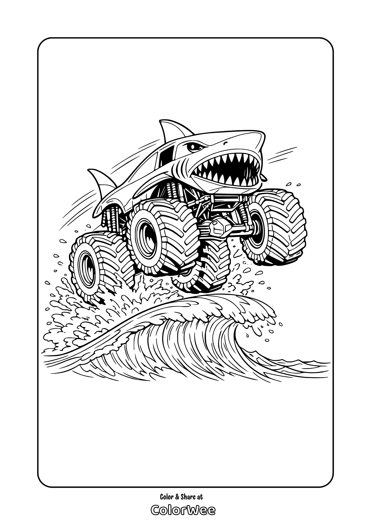 Megalodon shark monster truck jumping over ocean wave coloring page for kids