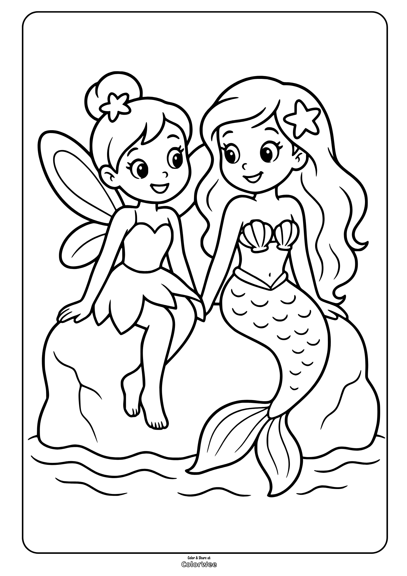 Smiling fairy and mermaid sit together on a rock in this coloring picture