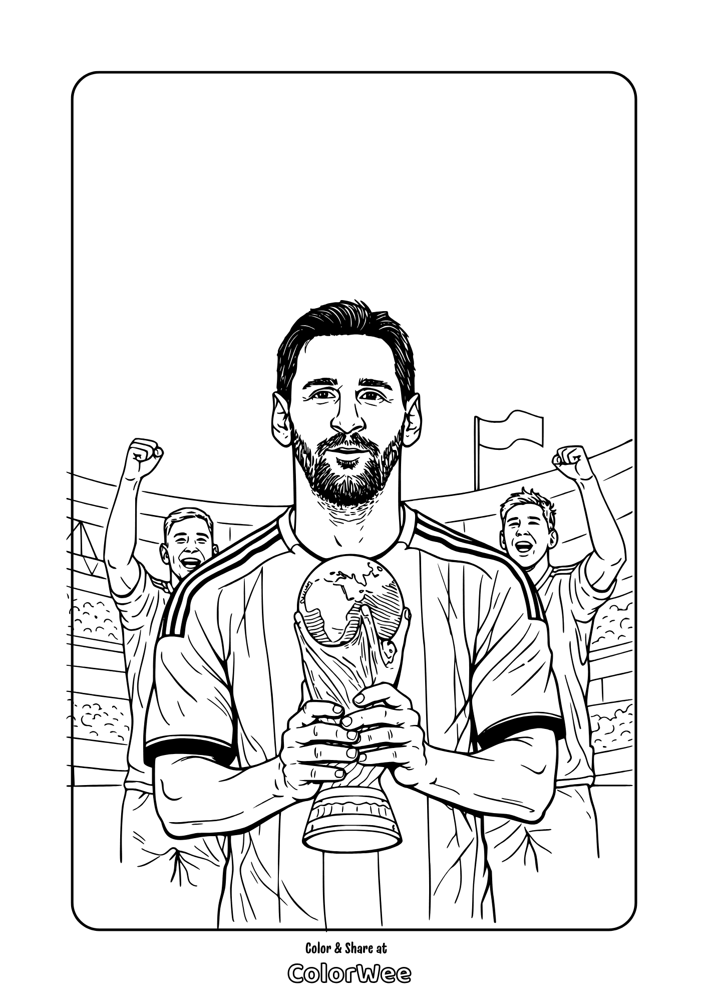 Messi with World Cup trophy coloring page in stadium celebration