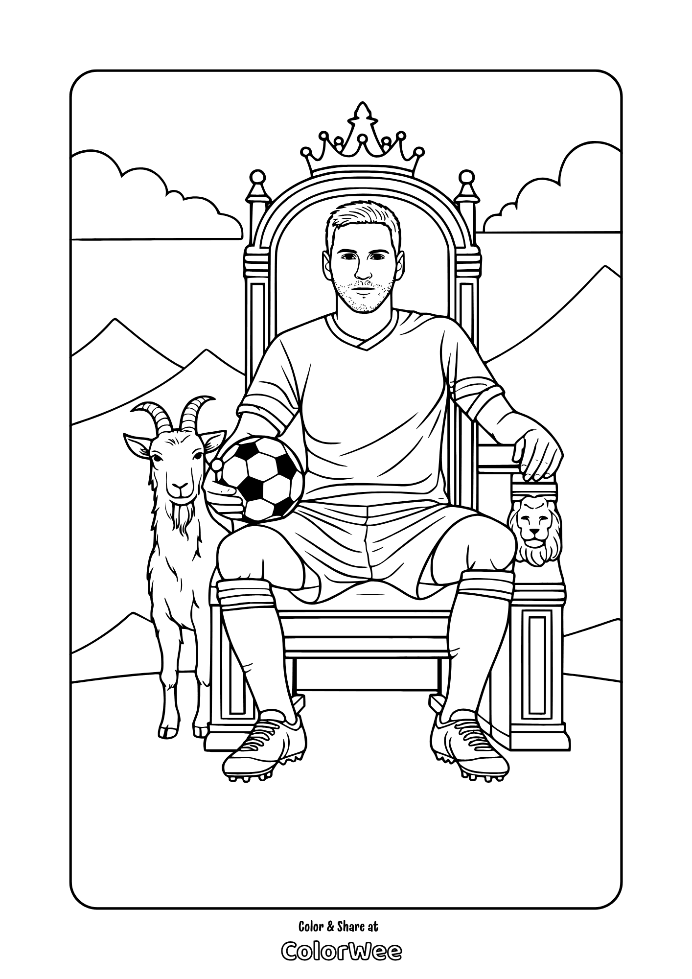 Lionel Messi on throne with goat and ball coloring page