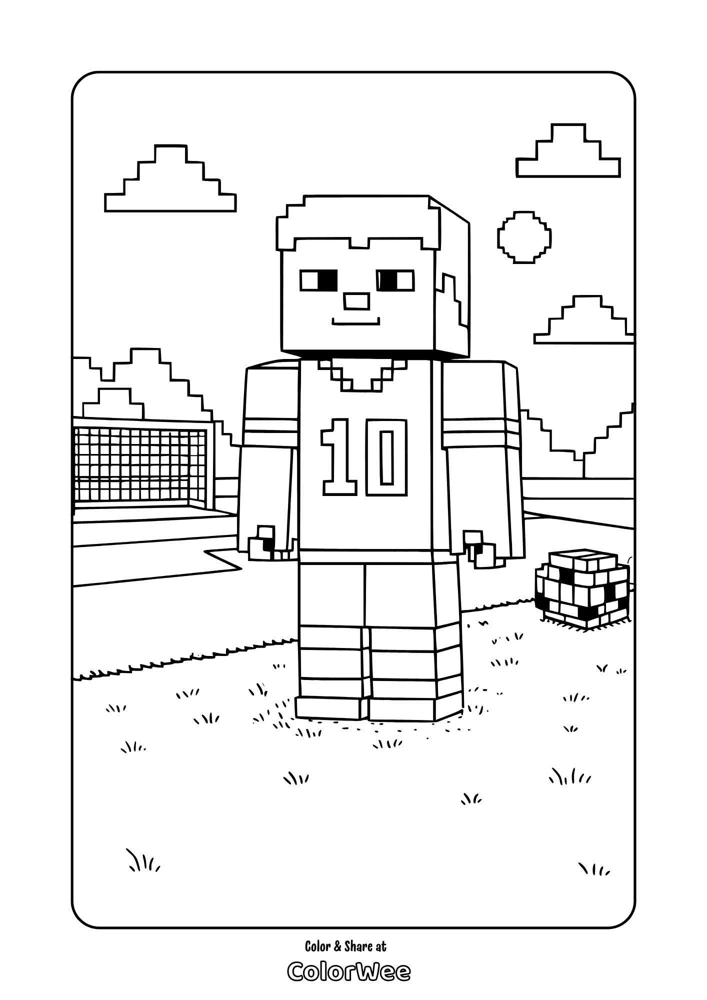 Minecraft Lionel Messi - number 10 on field with goal coloring page