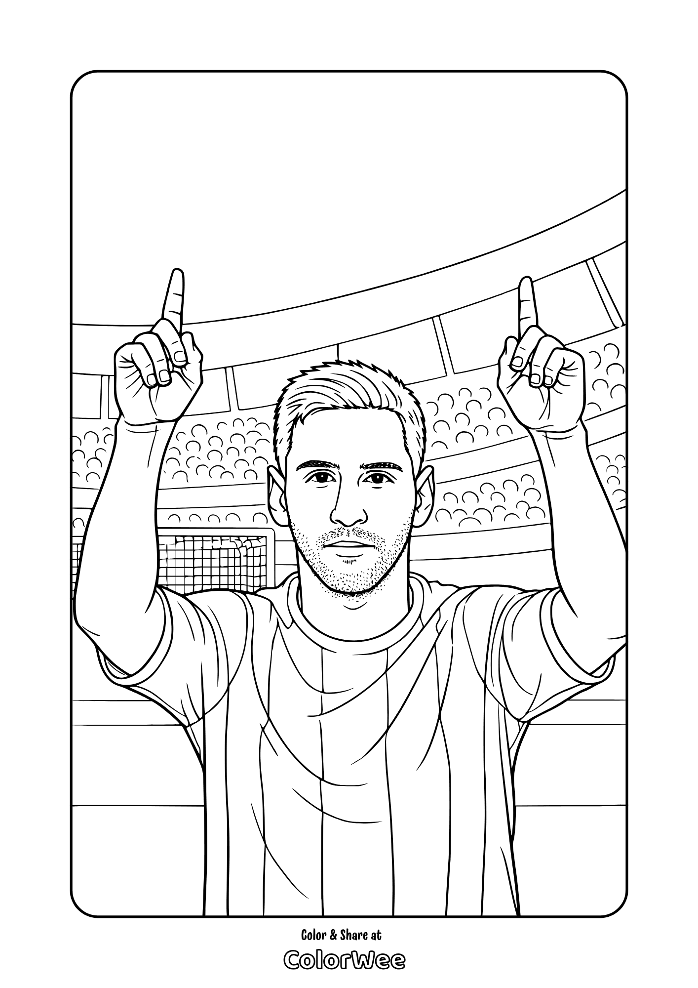 Lionel Messi goal celebration with two fingers pointing up in stadium coloring page