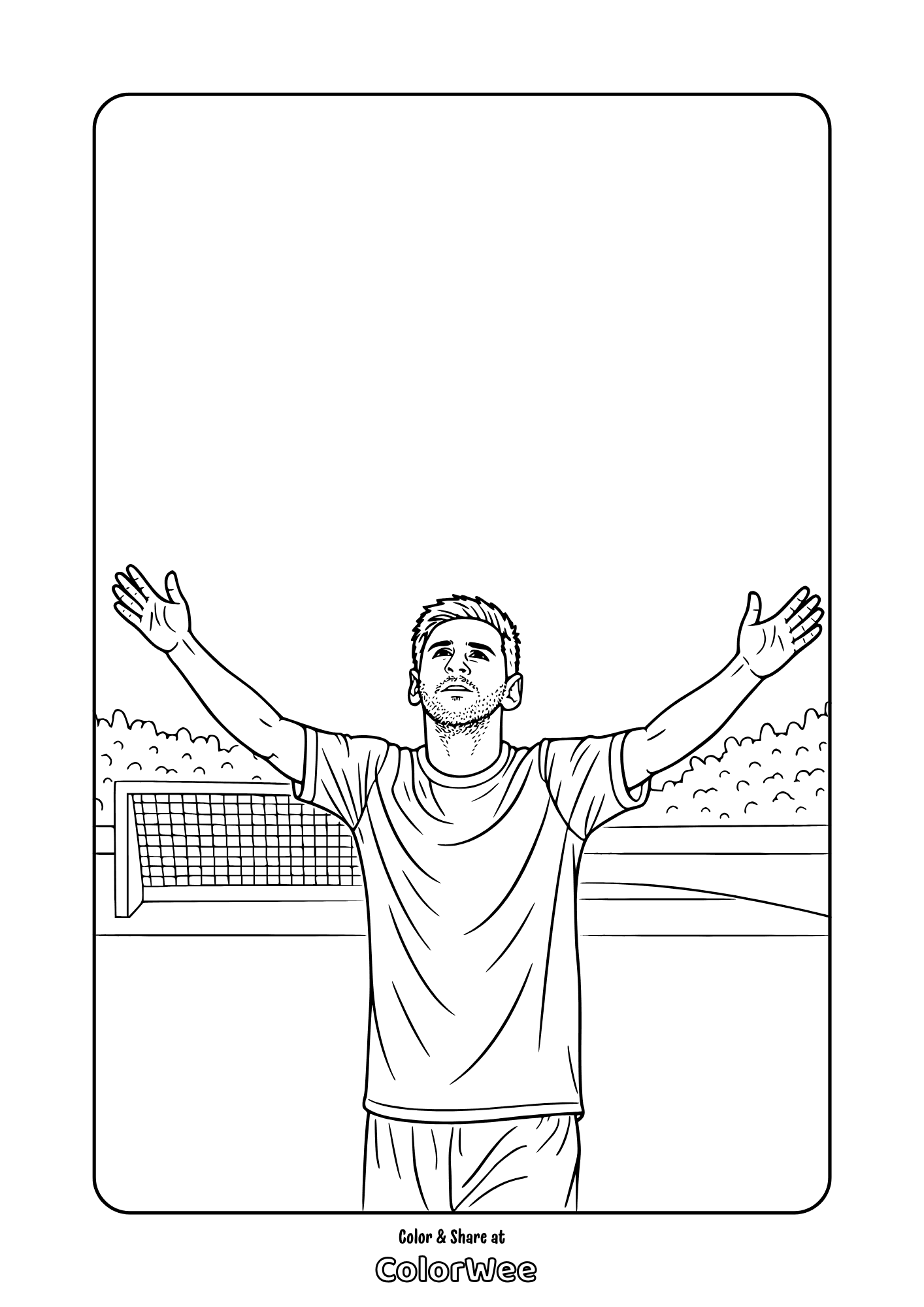 Lionel Messi celebrating by goal in stadium coloring page