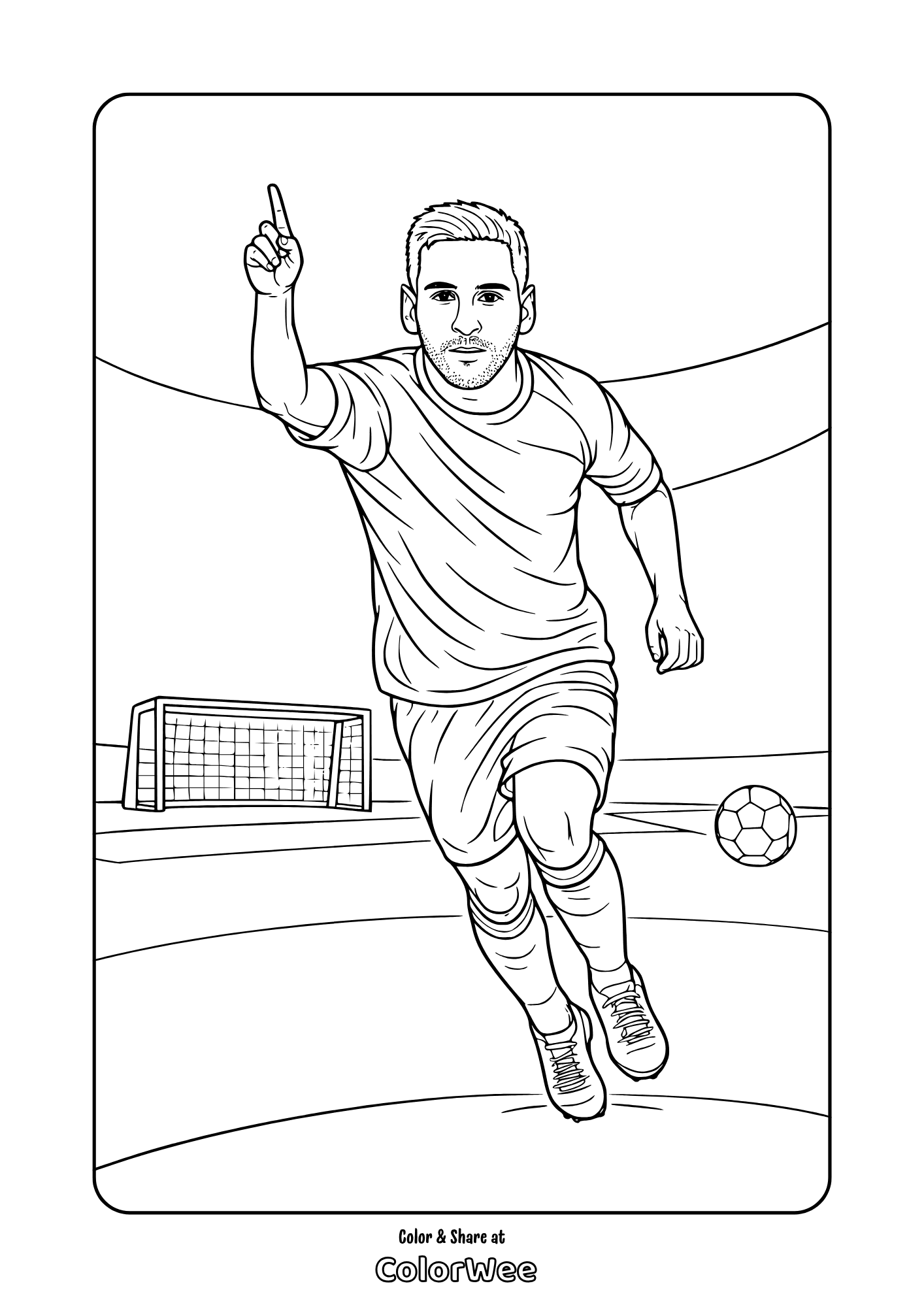 Lionel Messi celebrating a goal coloring page for kids and sports fans