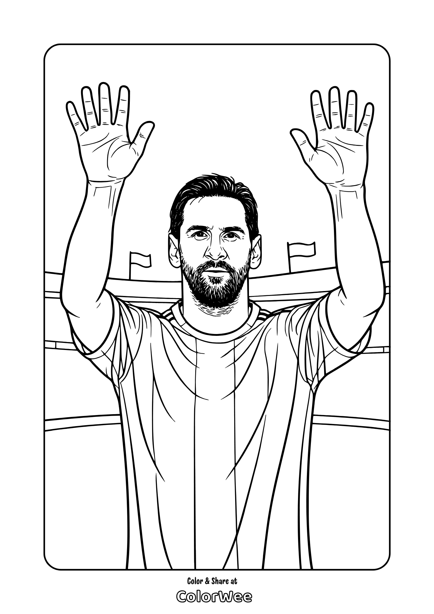 Lionel Messi celebrating with raised hands in stadium coloring page