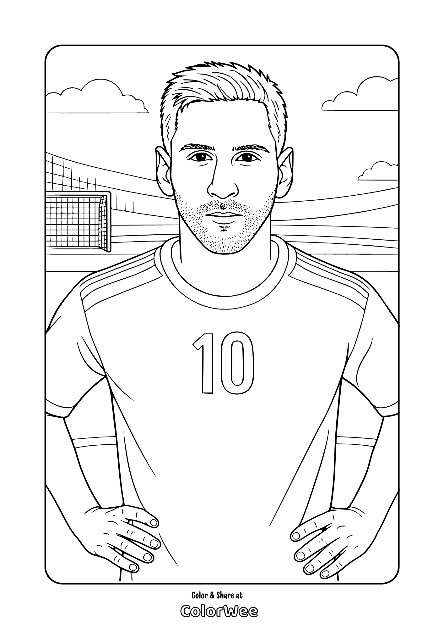Lionel Messi number 10 at stadium coloring page for kids and adults