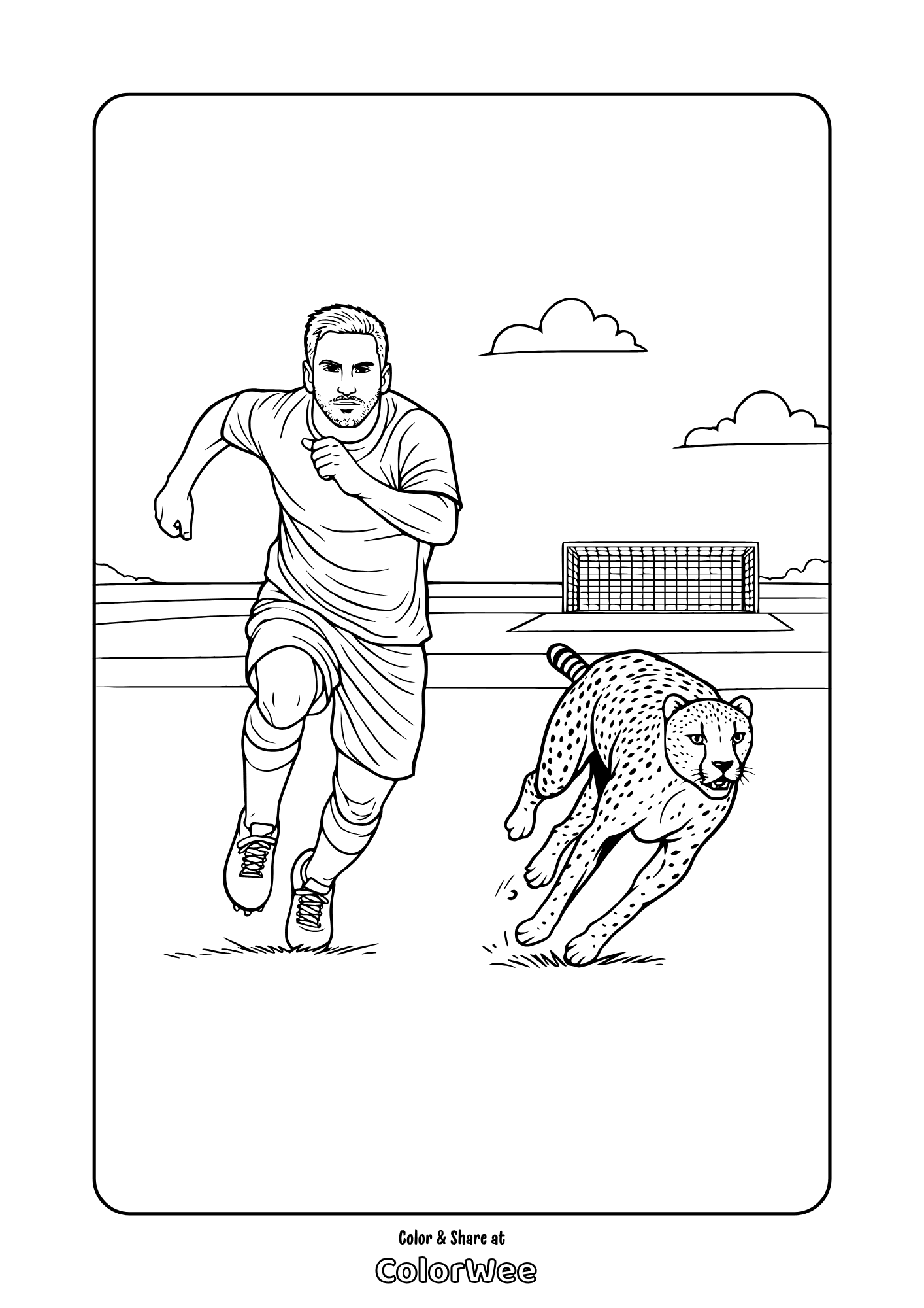 Lionel Messi racing a cheetah by the goal, soccer coloring page
