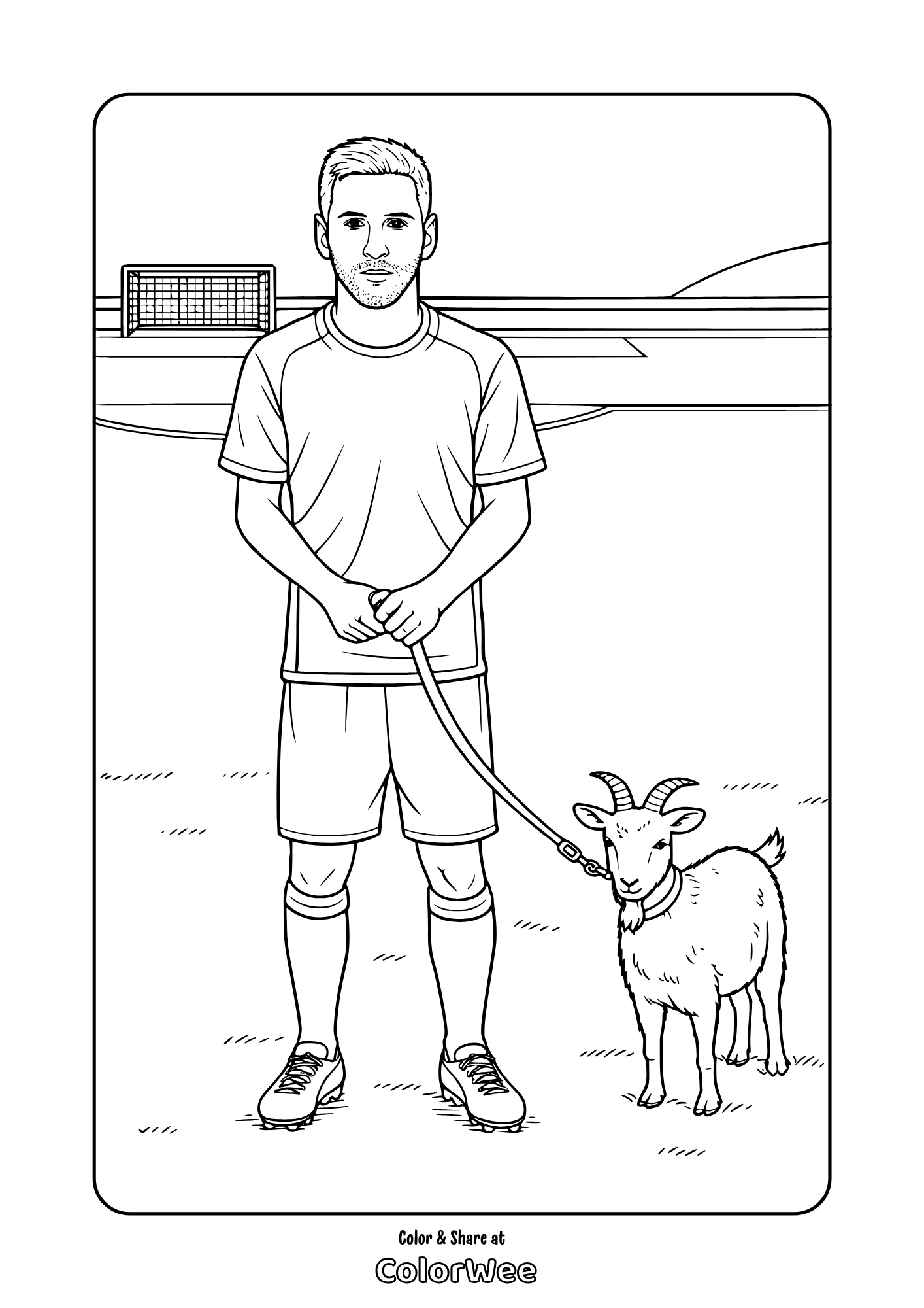 Lionel Messi with goat on pitch printable coloring page