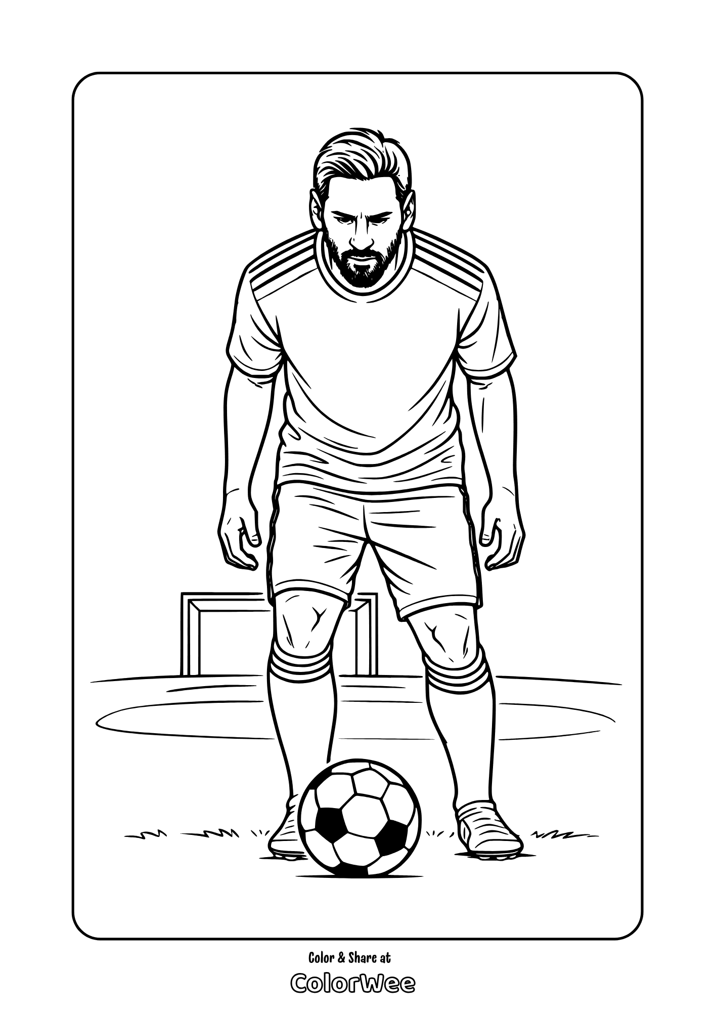 Lionel Messi with ball before goal coloring page for kids and adults