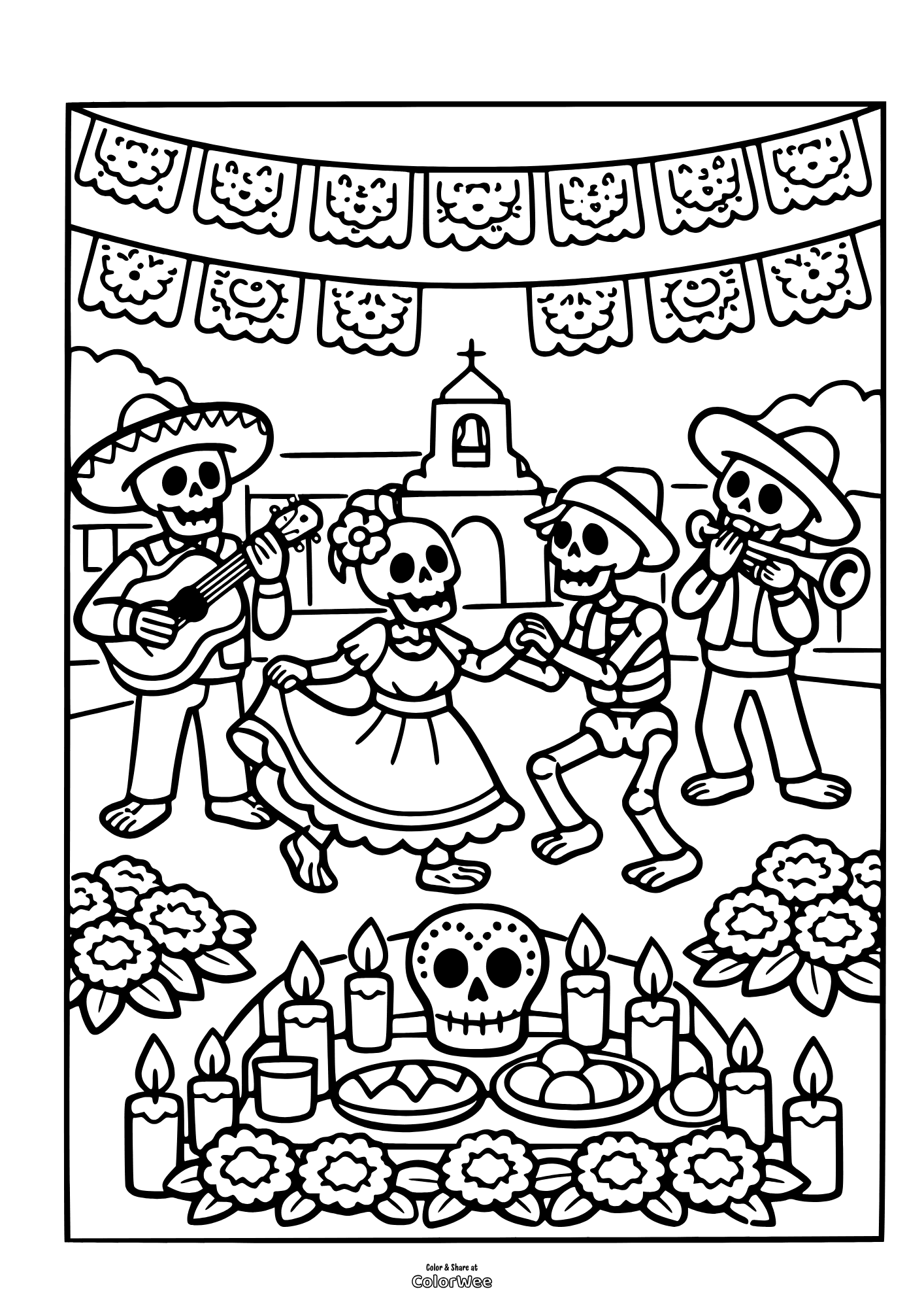 Day of the Dead skeletons dancing, altar candles and marigolds coloring sheet