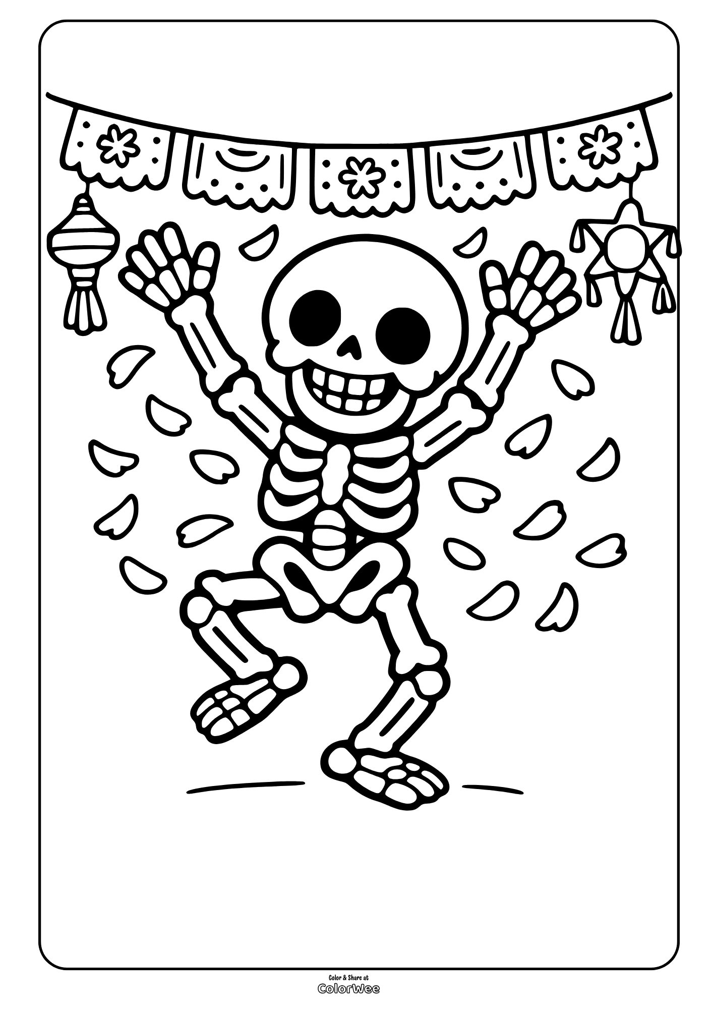 Day of the Dead dancing skeleton coloring sheet with papel picado
