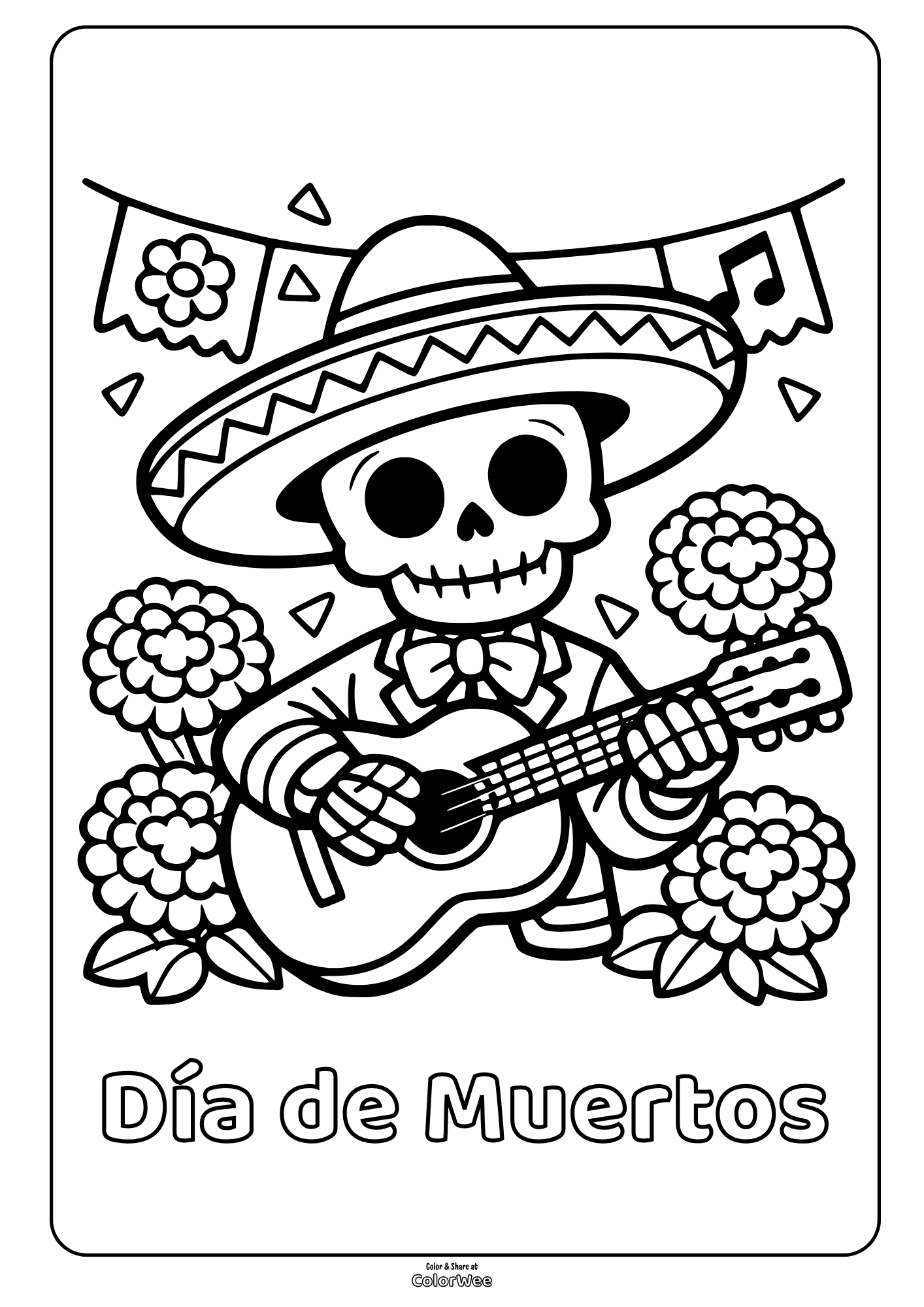 Day of the Dead skeleton mariachi playing guitar coloring sheet