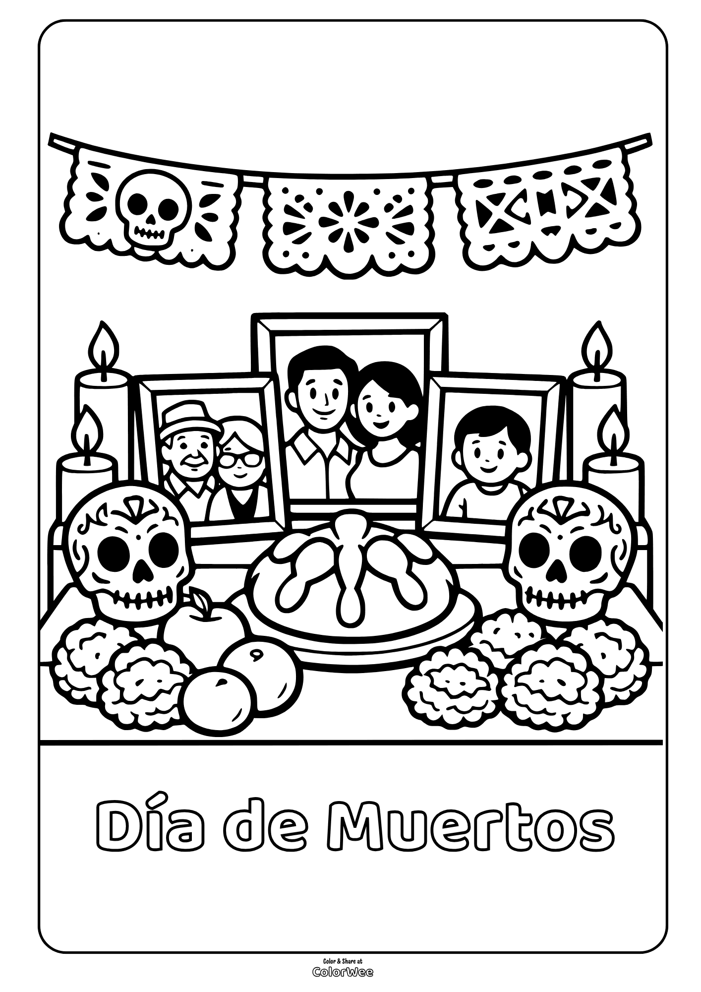 Día de Muertos altar coloring sheet with skulls, candles and marigolds