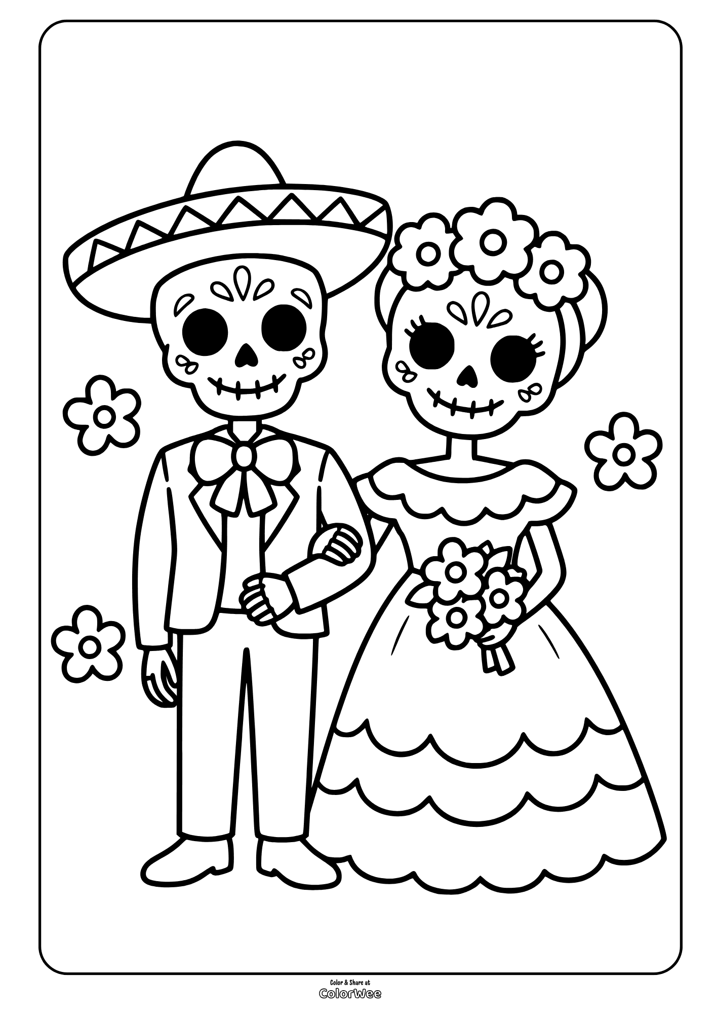 Day of the Dead bride and groom skeletons coloring sheet