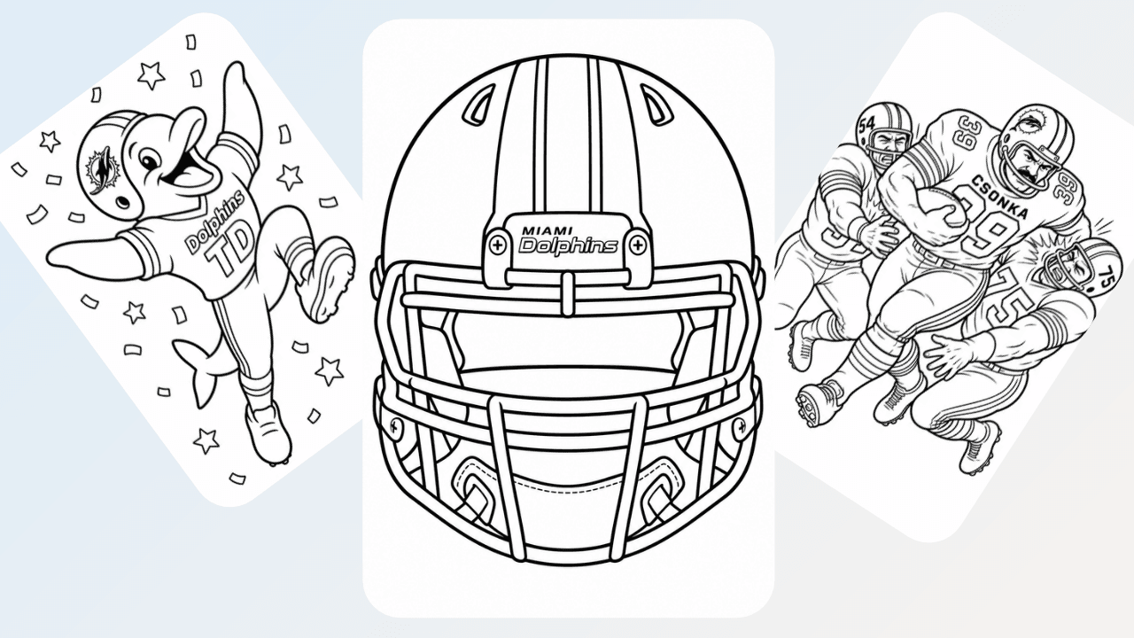 Miami Dolphins football helmet with a leaping dolphin mascot and two tackling players - coloring pages collection.