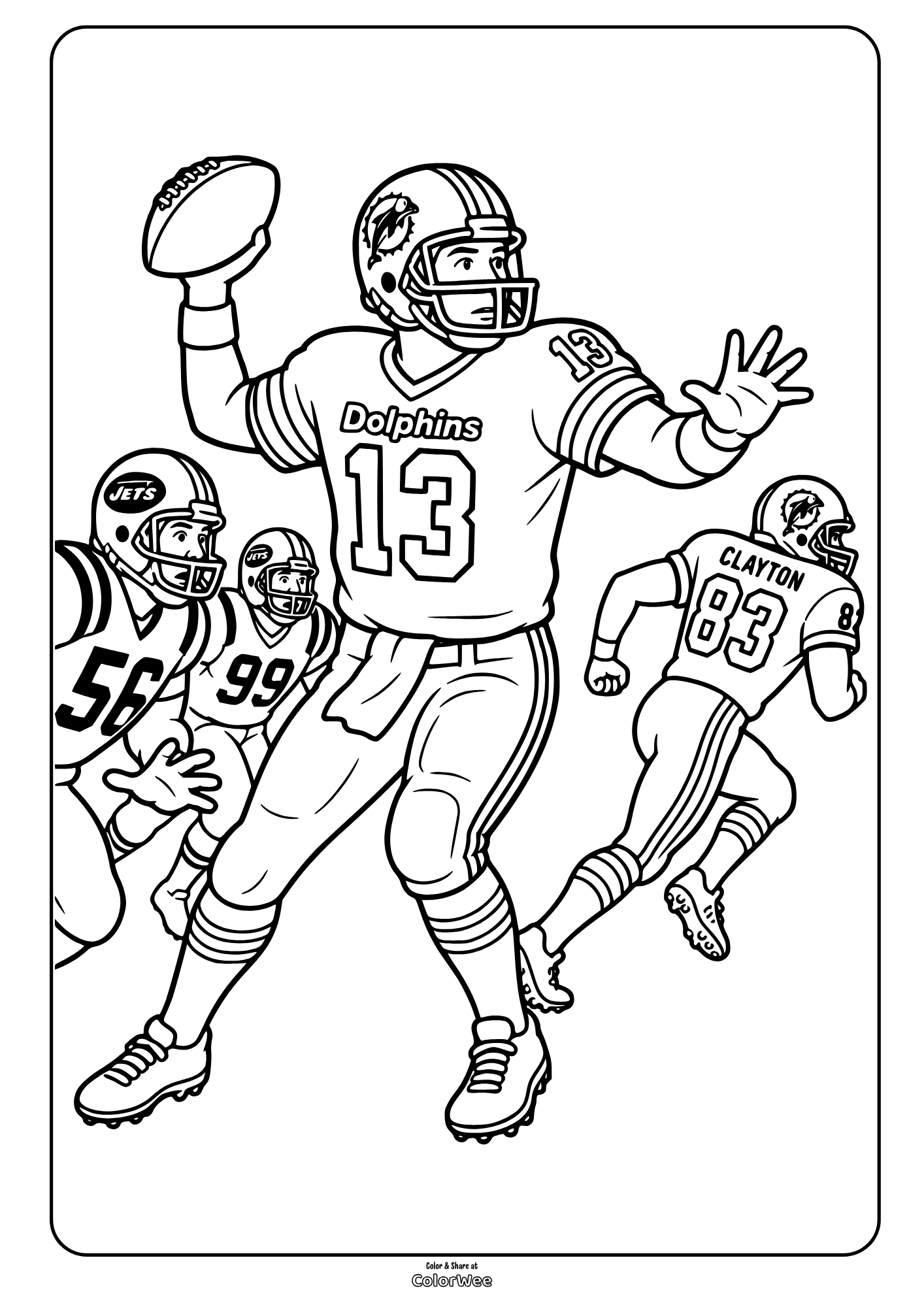 Miami Dolphins and Jets s in helmets and uniforms run and pose together in this picture to color