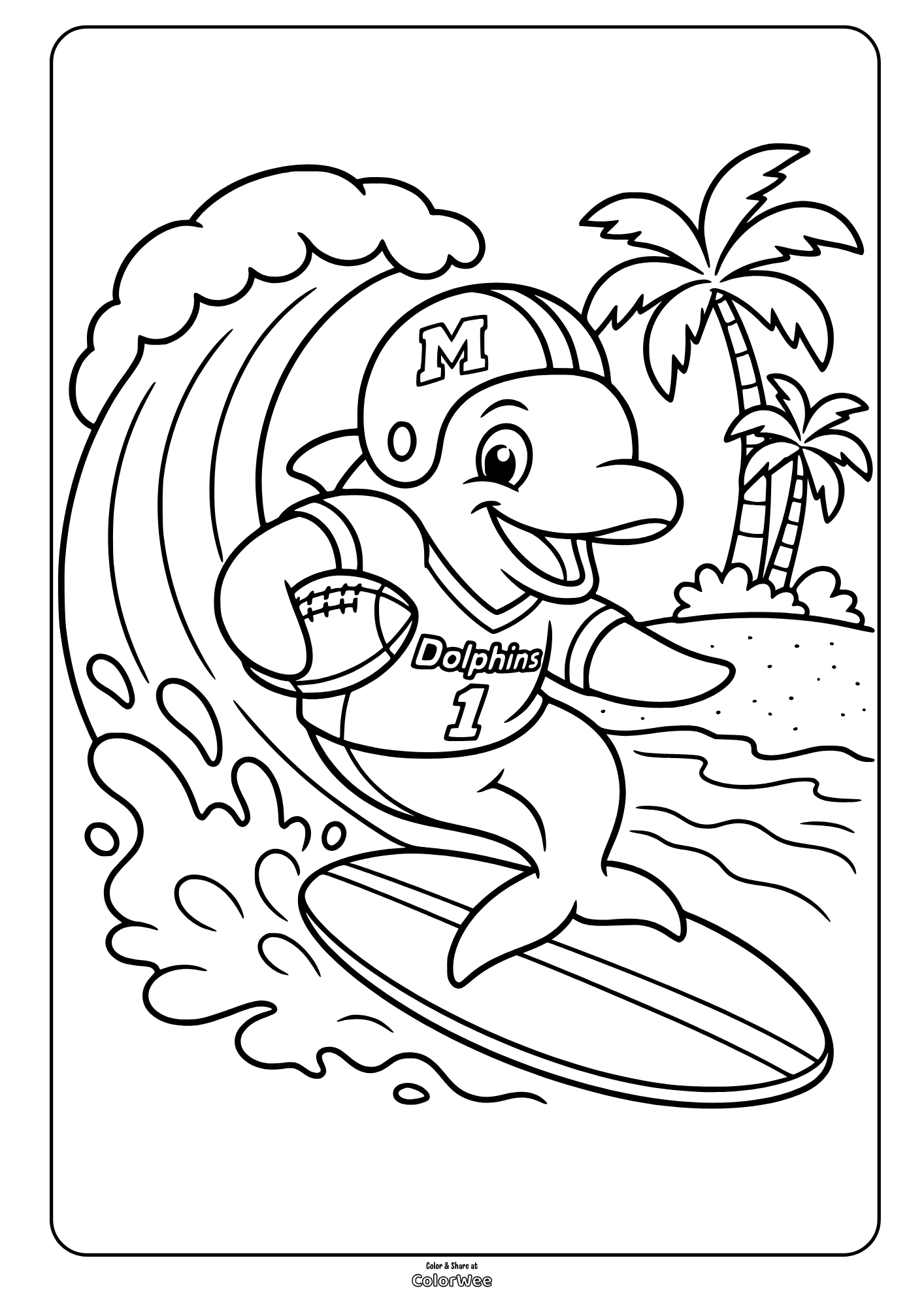 Miami Dolphins mascot T.D. surfer wearing a football helmet rides a wave near palm trees in this picture to color