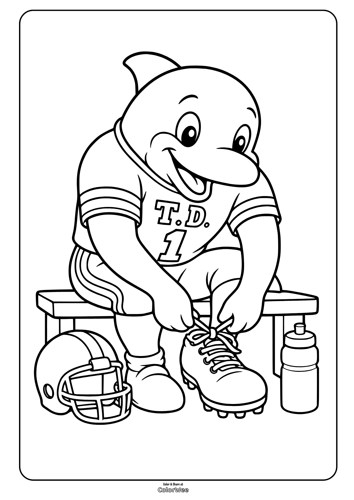 Miami dolphins mascot T.D. sitting on a bench beside , helmet and water bottle coloring sheet