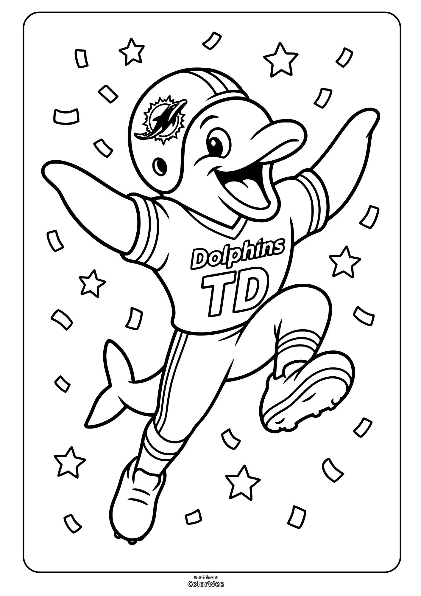 Leaping dolphin mascot T.D. in a sports jersey surrounded by stars and confetti, picture to color
