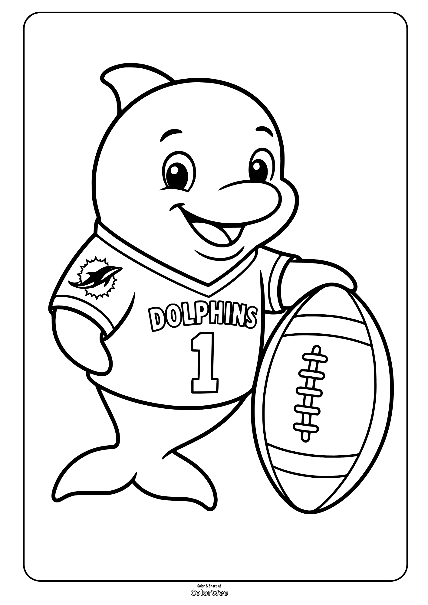 Smiling dolphin mascot T.D. wearing a number one jersey and holding a football, coloring sheet