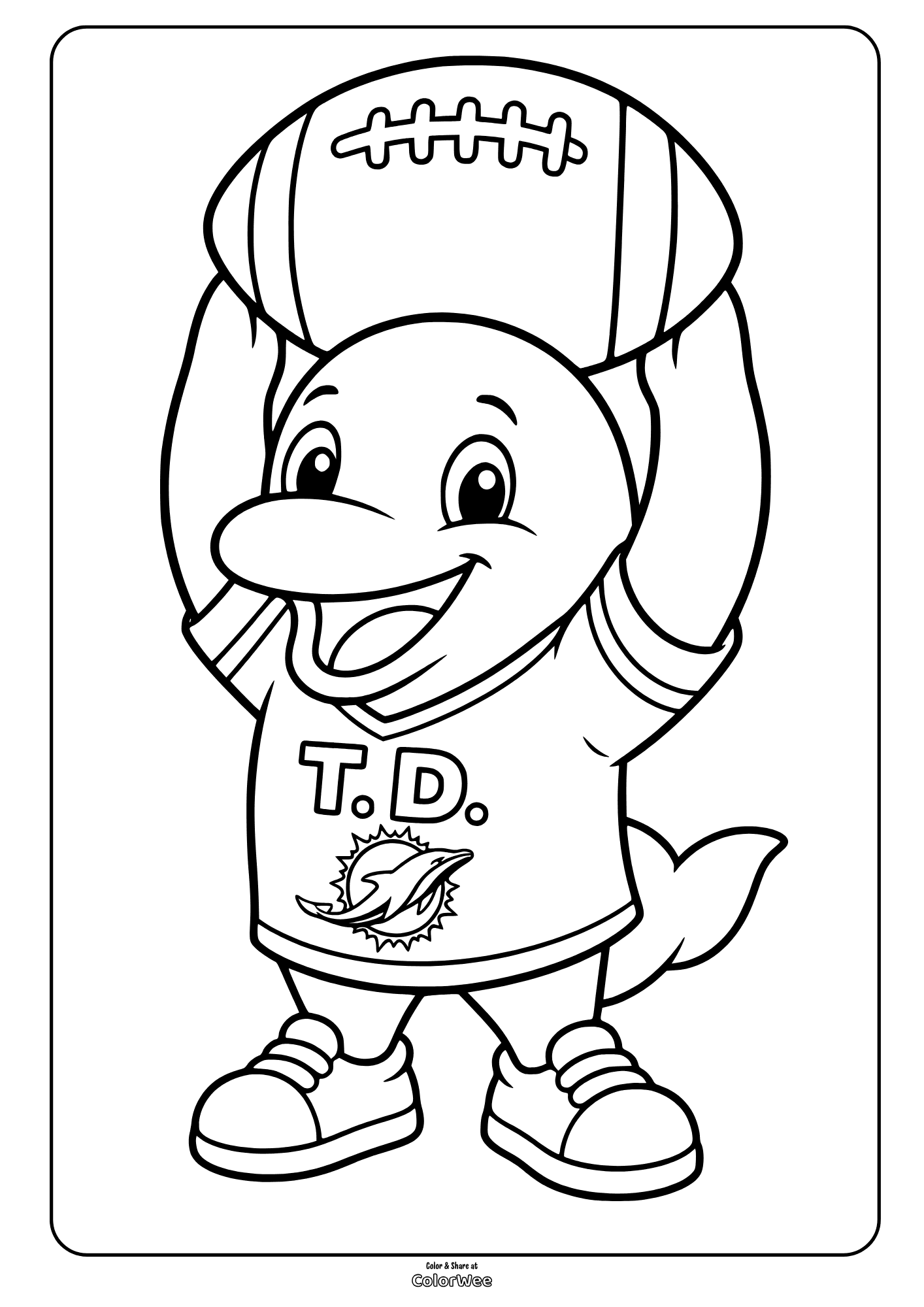 Smiling dolphin mascot T.D. wearing a baseball cap, jersey, and sneakers, coloring sheet.