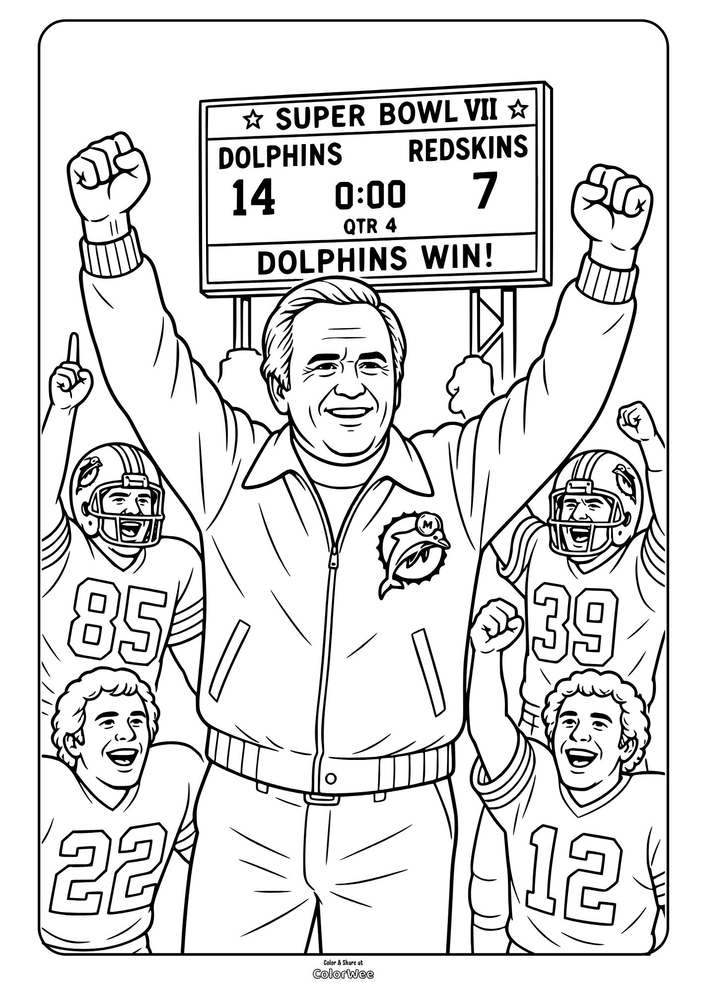Smiling coach celebrates with football players beneath a Super Bowl scoreboard in this coloring picture