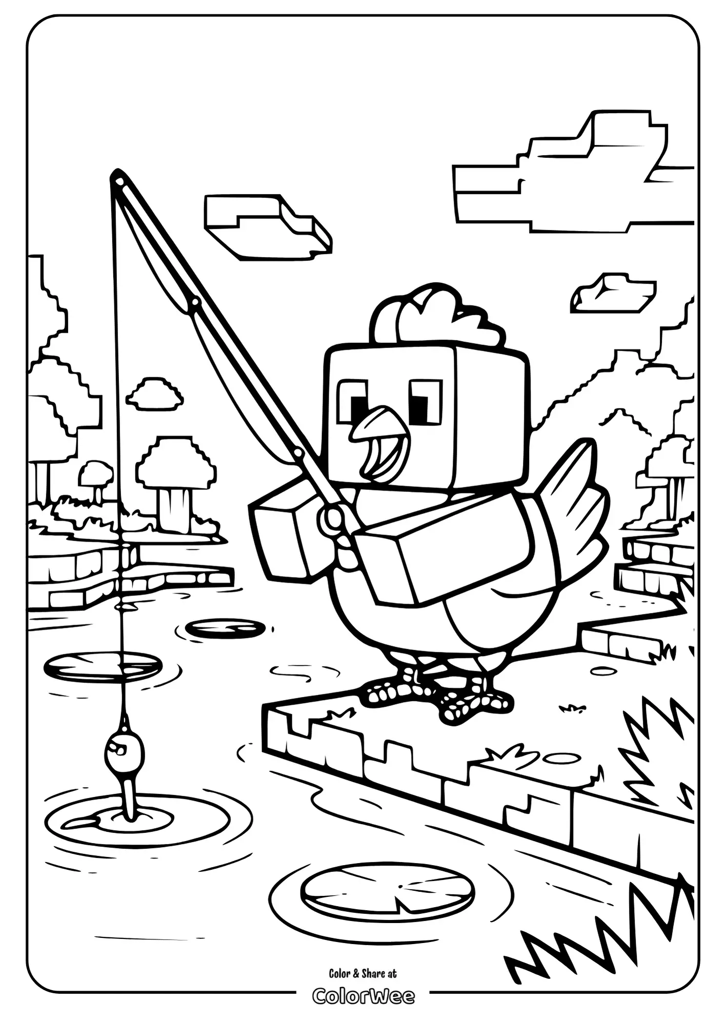 Cartoon chicken fishing coloring page, fun and creative activity.