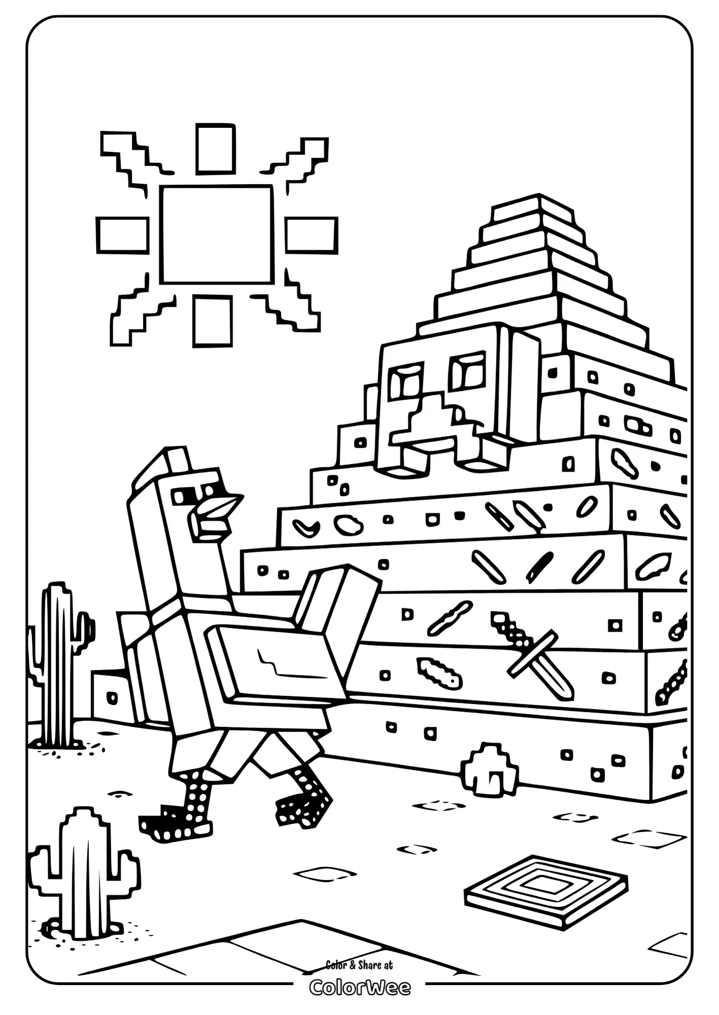 Pixelated llama and pyramid coloring page.