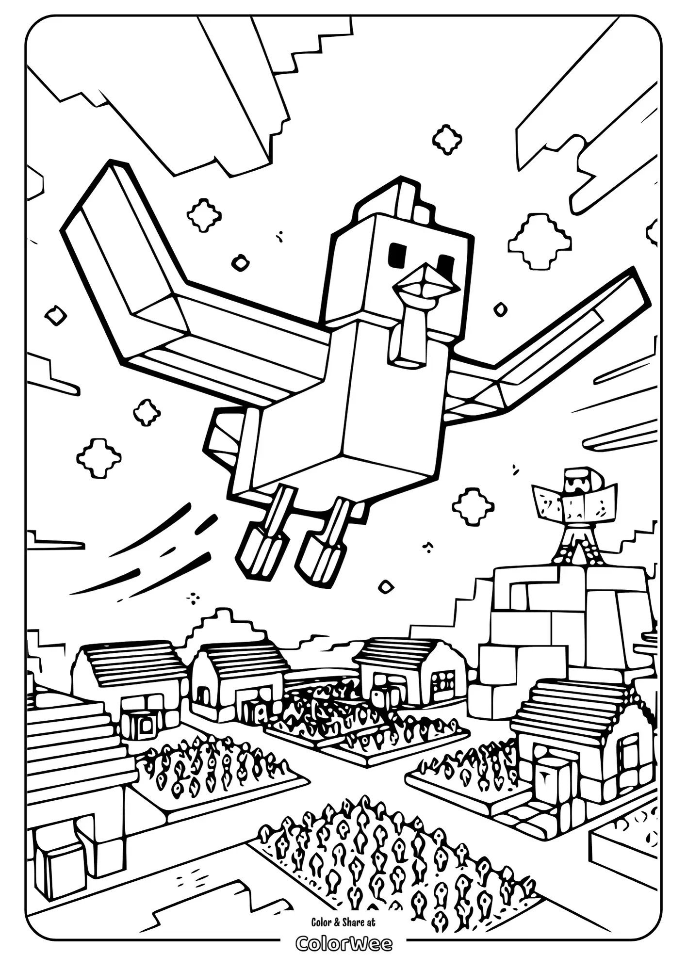 Flying blocky bird over village in pixel art style coloring page.