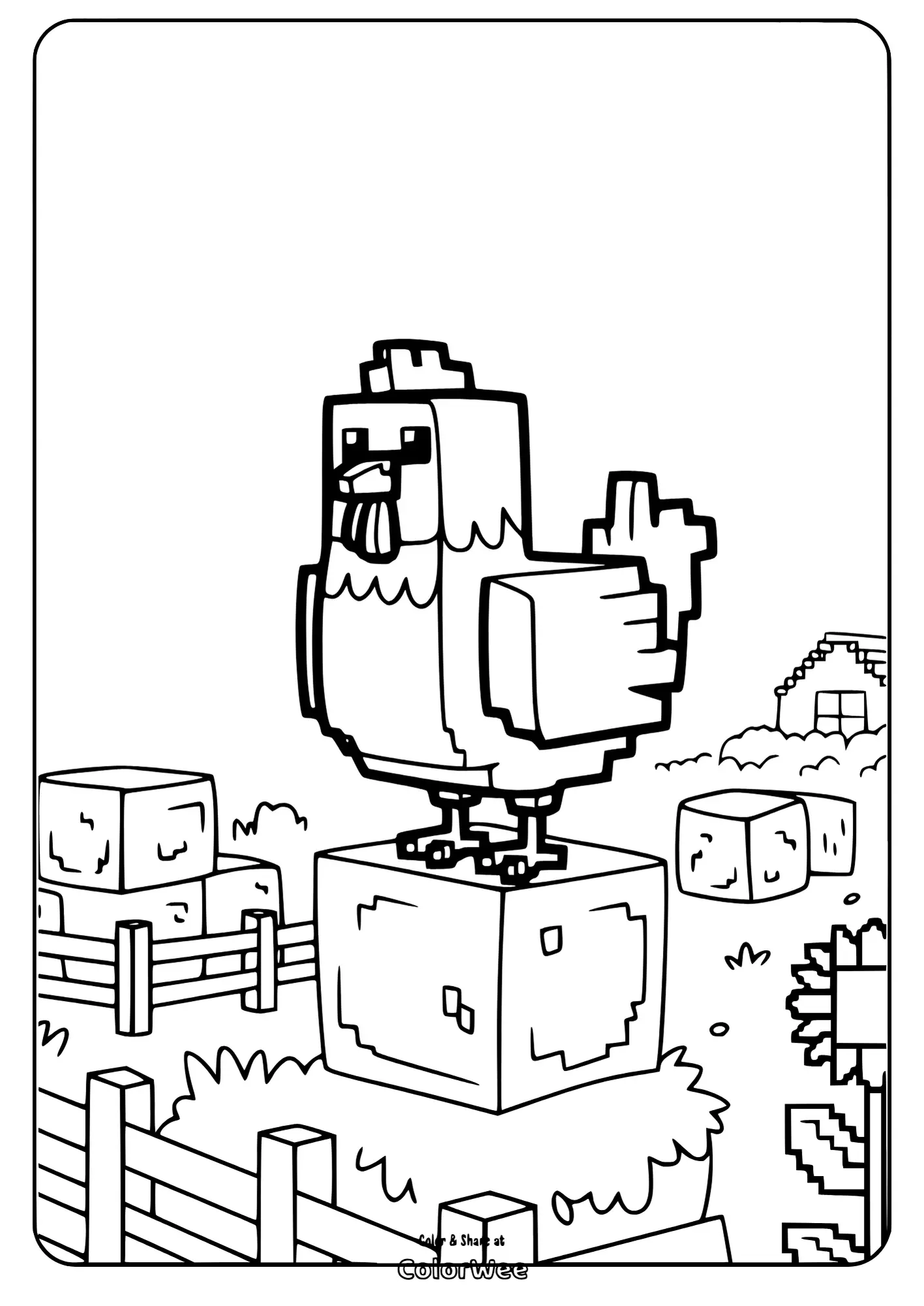 Minecraft chicken on a farm-themed coloring page.