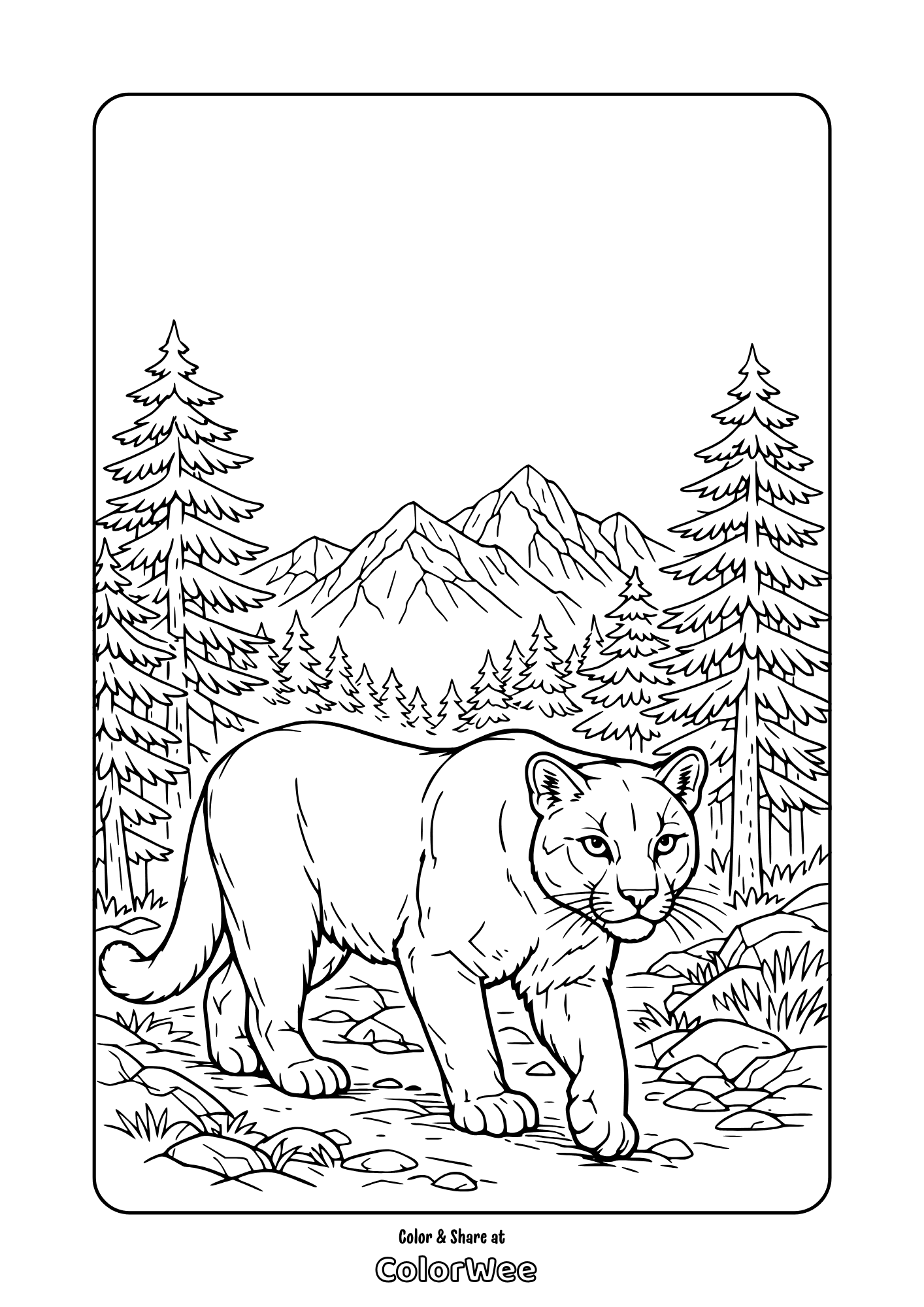 Mountain lion in pine forest and mountains coloring page