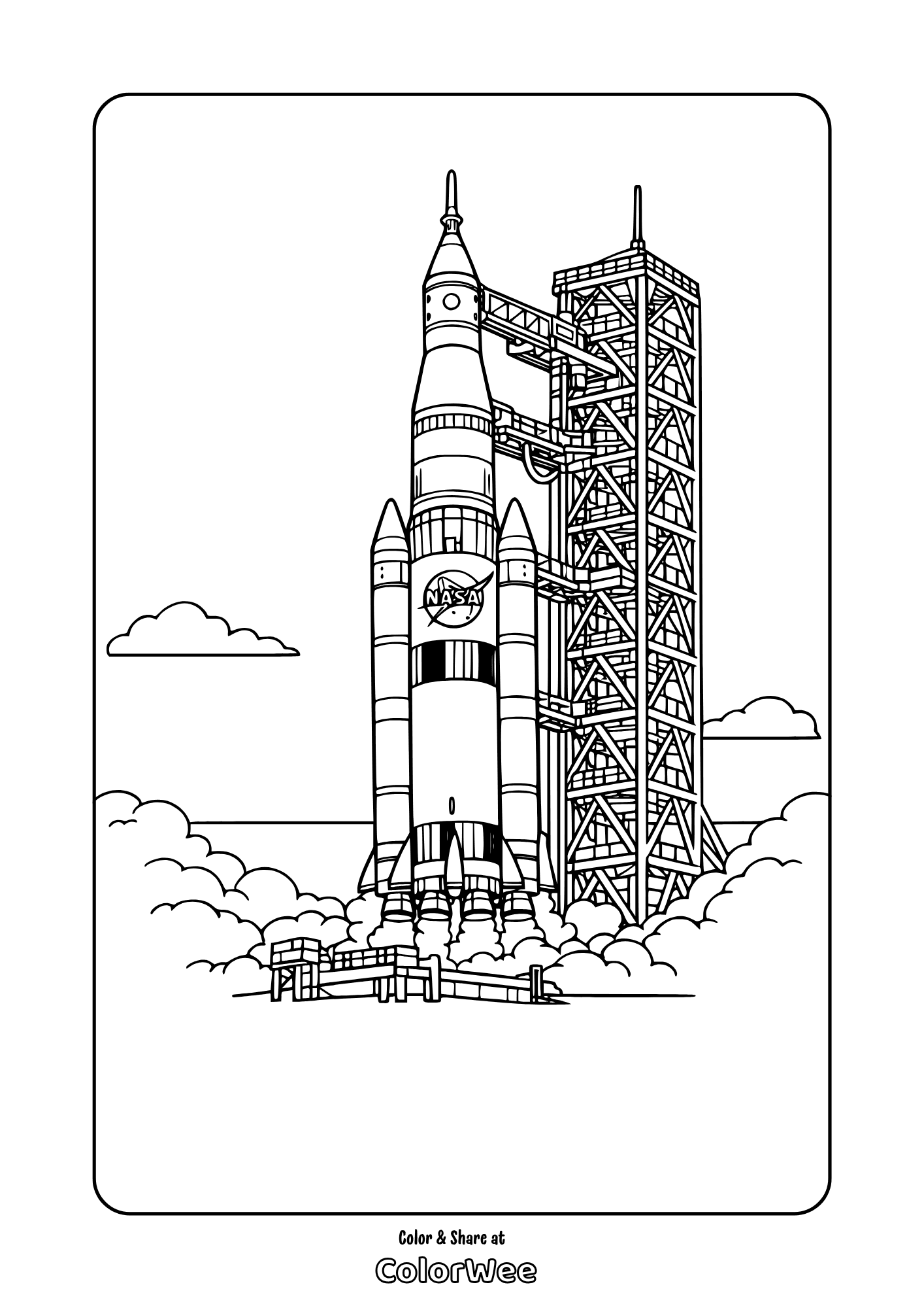 Printable rocket ship launch pad coloring page for kids and space fans