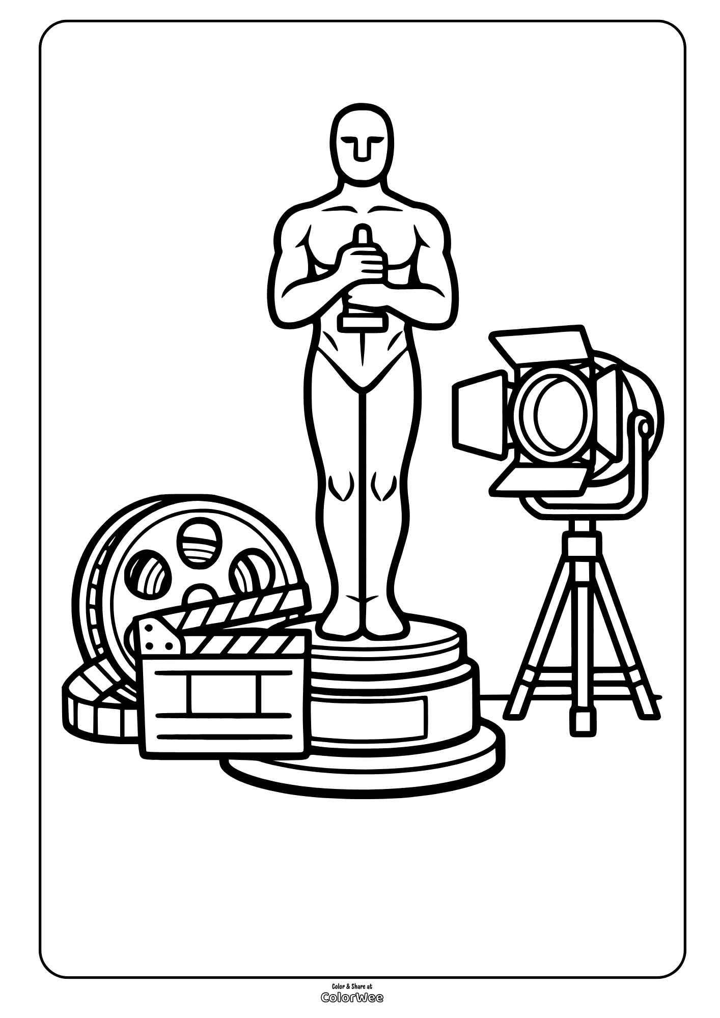 Movie awards coloring sheet with statue, film reel, clapperboard and light