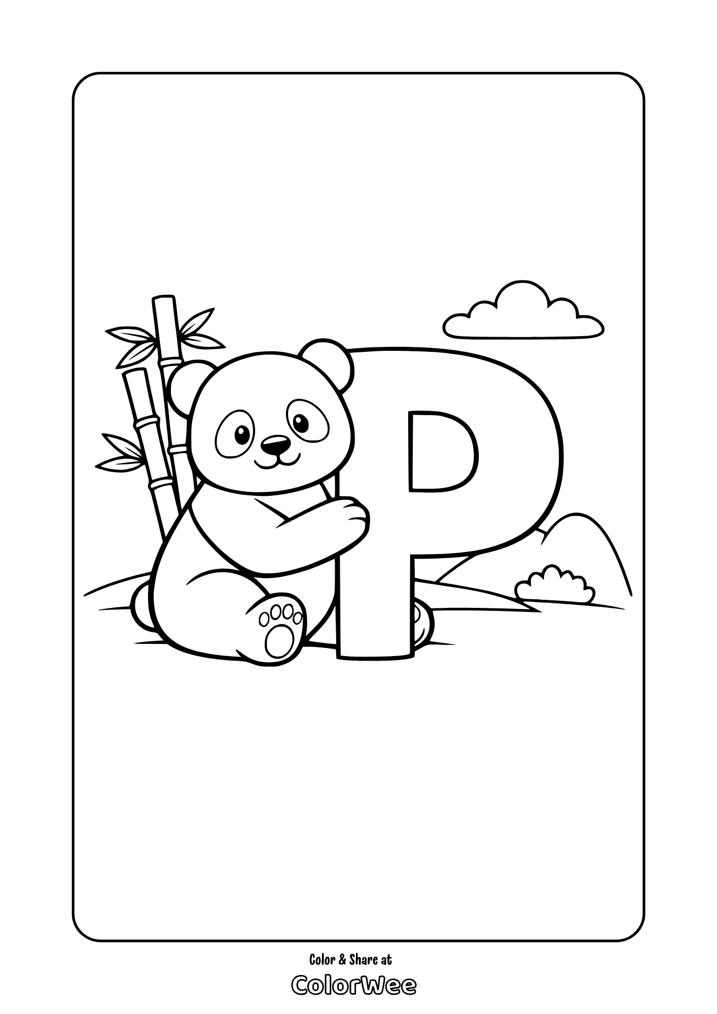 Panda hugging letter P coloring page with bamboo .