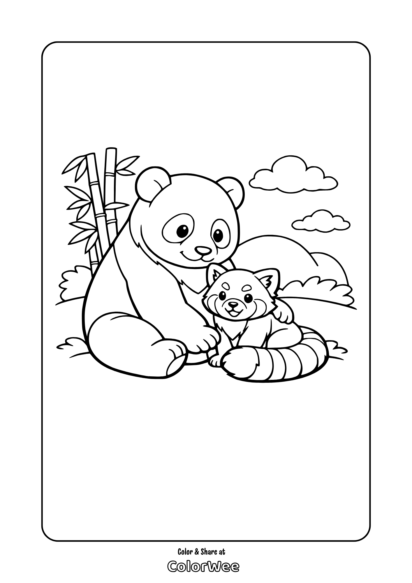 Cute panda and red panda with bamboo - free coloring page.