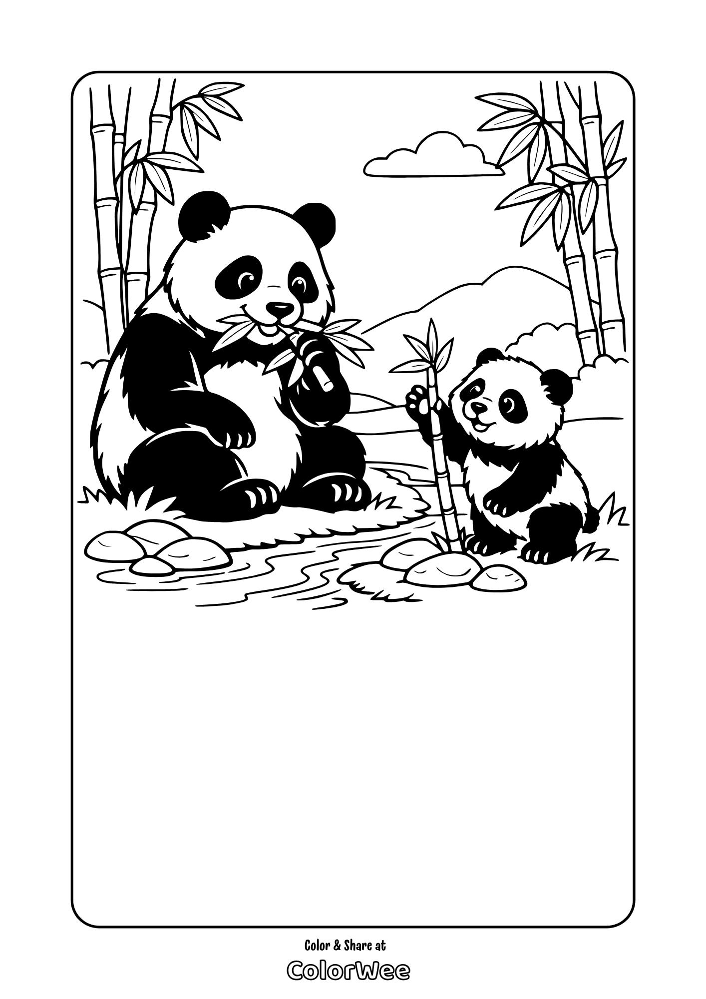 Mom and baby pandas in bamboo by a stream coloring page