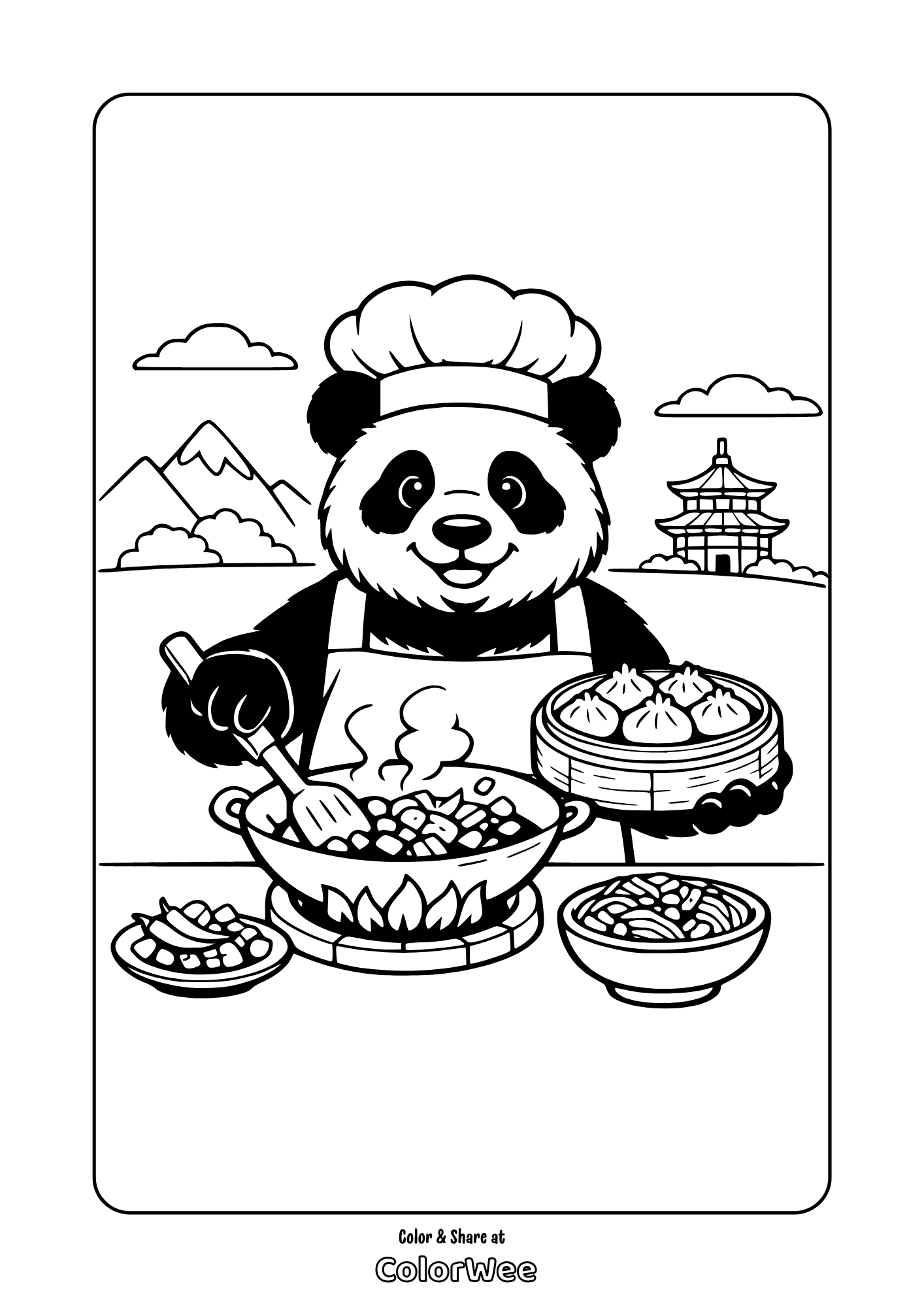 Panda chef cooking sichuan food with dumplings and noodles coloring page