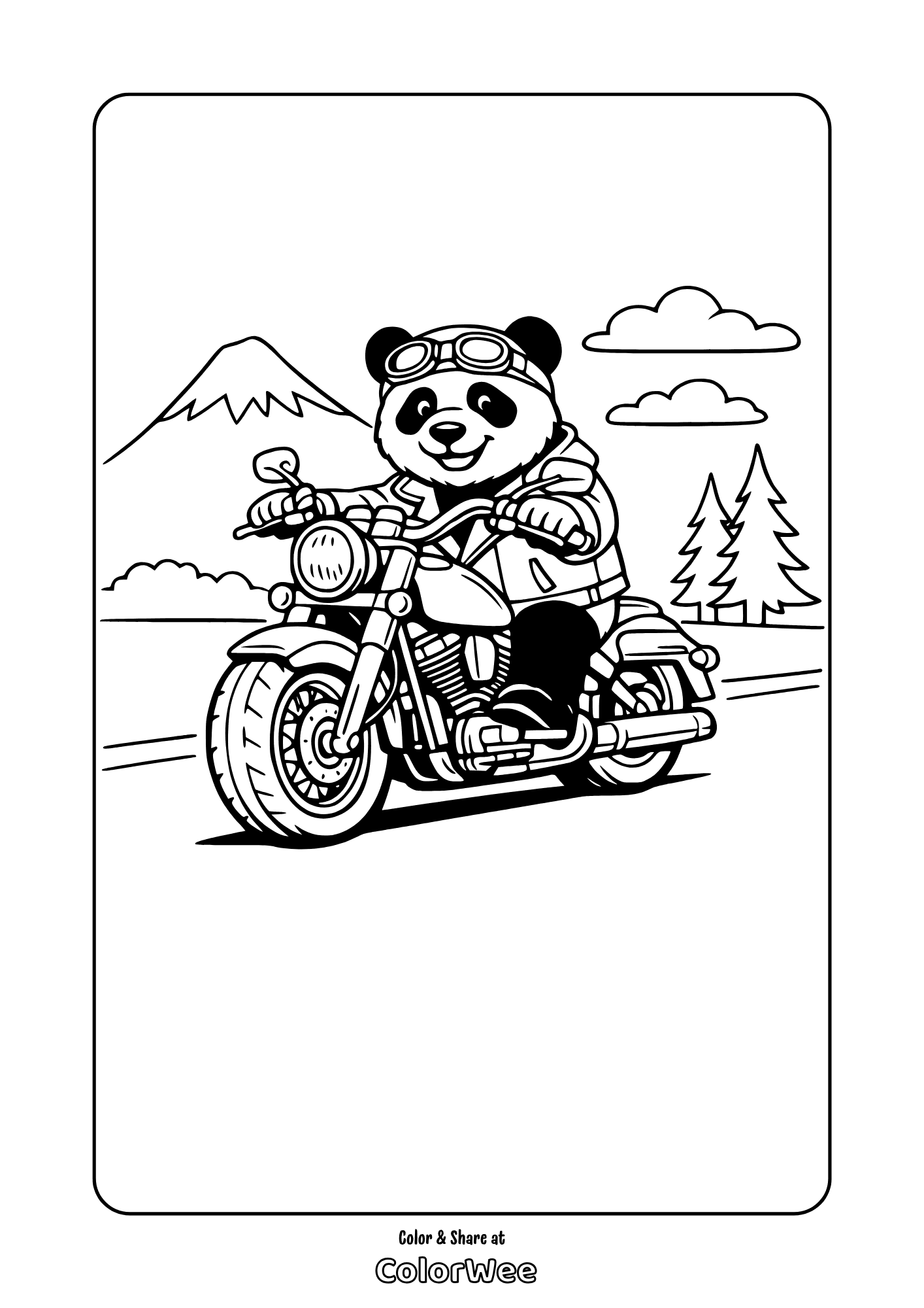 Cute panda on motorcycle coloring page with mountain and pine trees