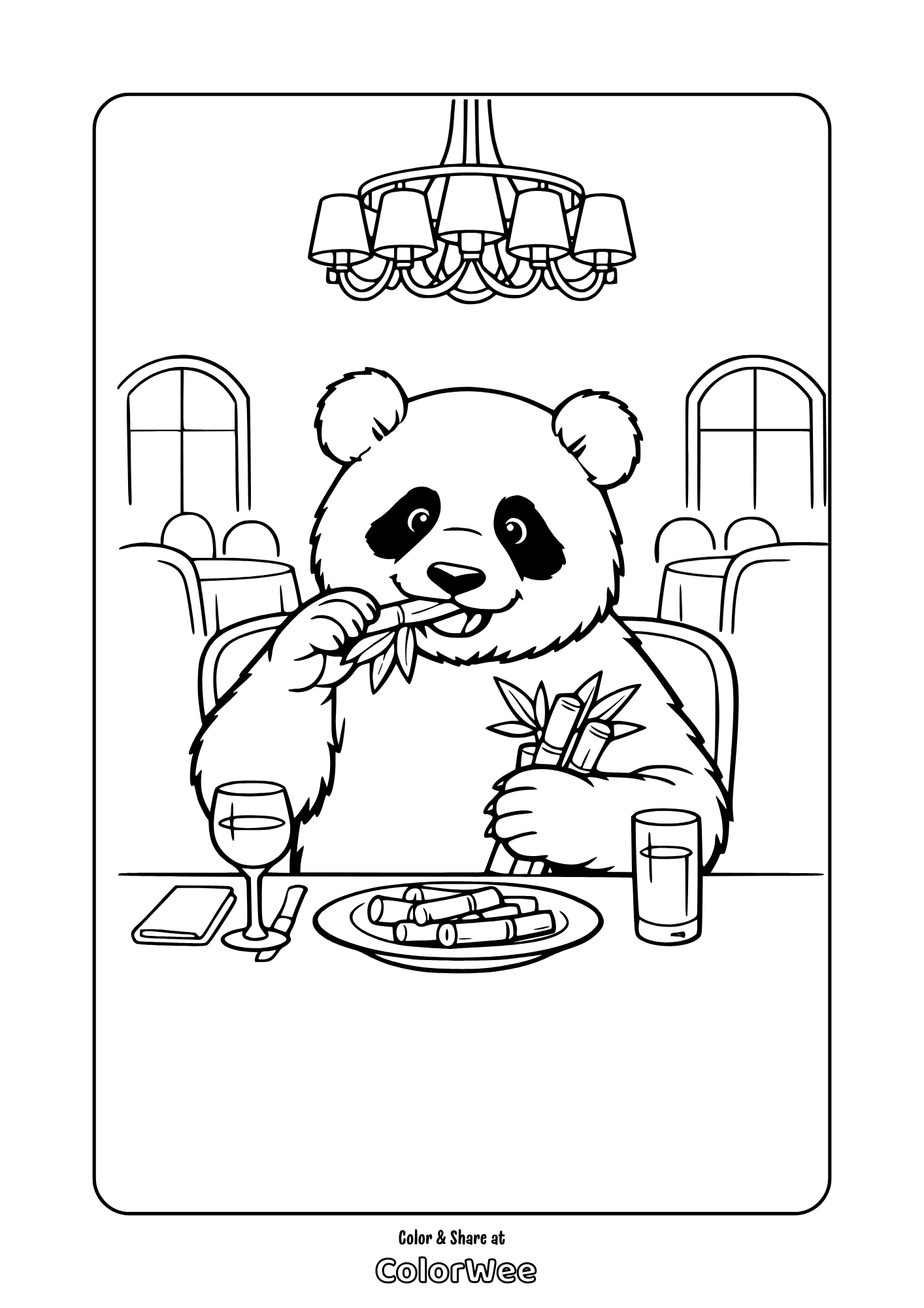 Panda eating bamboo at restaurant table coloring page