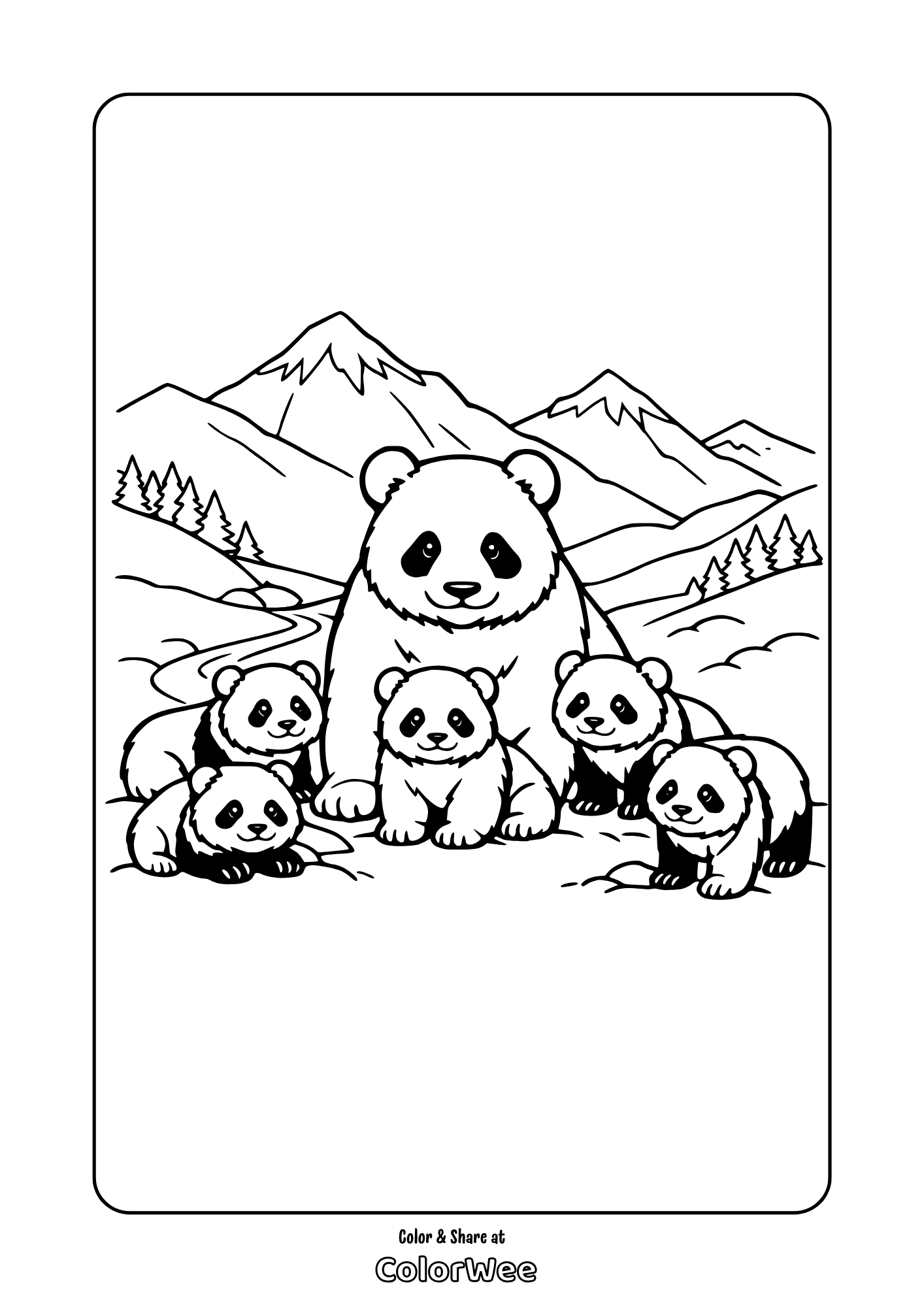 Panda family with five cubs in mountain scene coloring sheet.