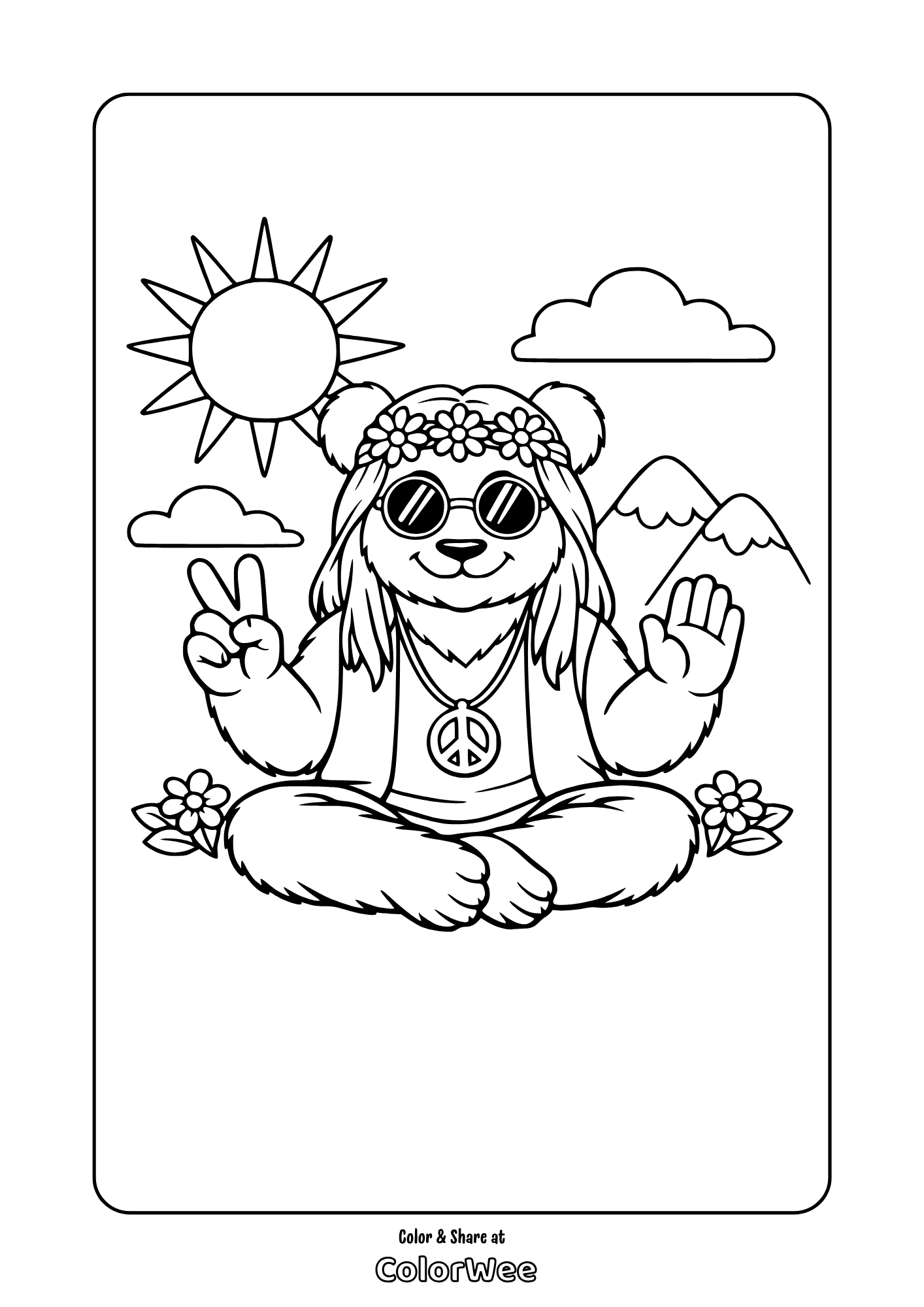 Hippie bear meditating with peace sign, sun and mountains coloring sheet.