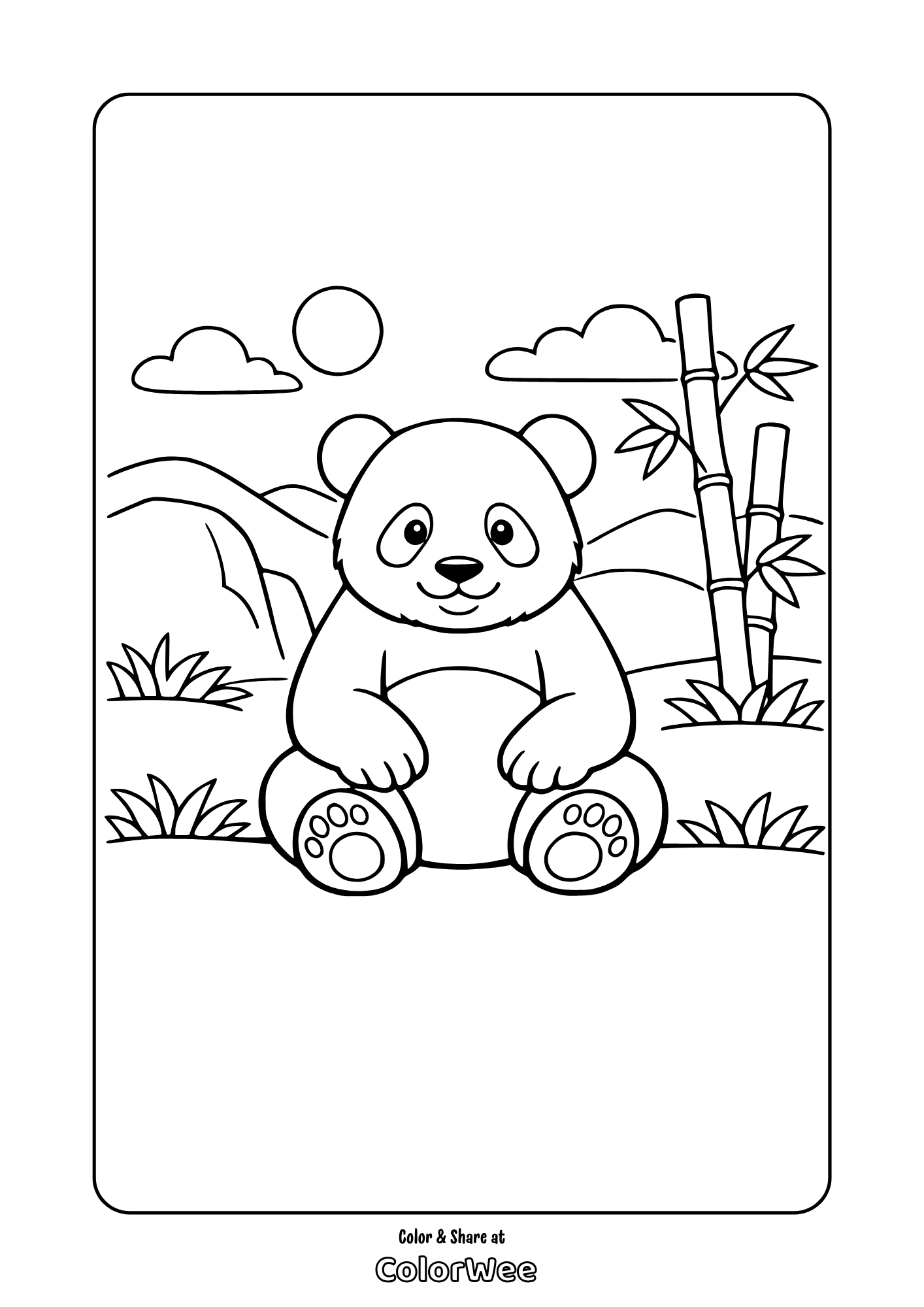 Cute panda with bamboo and mountains coloring page - free printable.