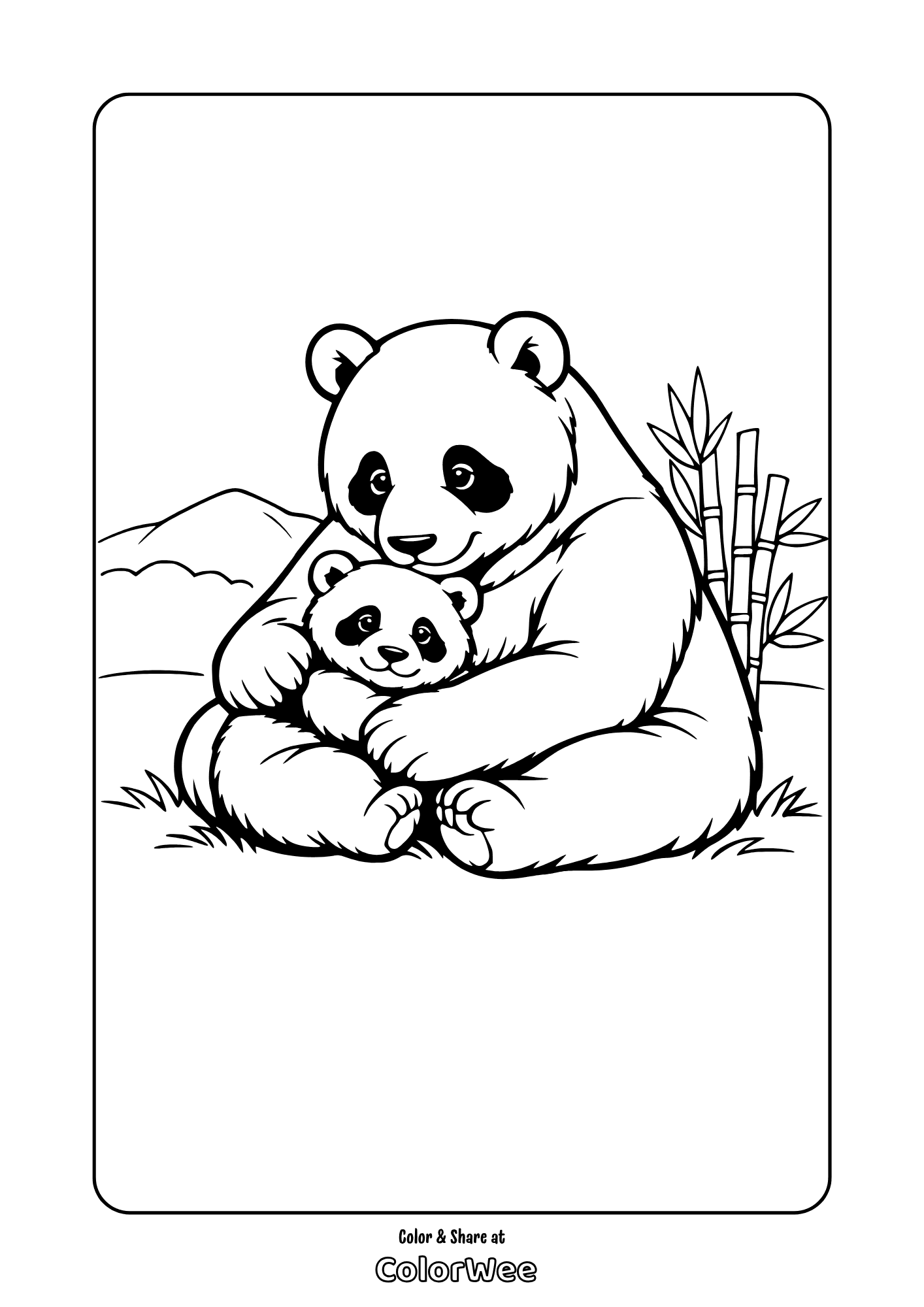 Cute panda and baby panda cuddling by bamboo coloring page
